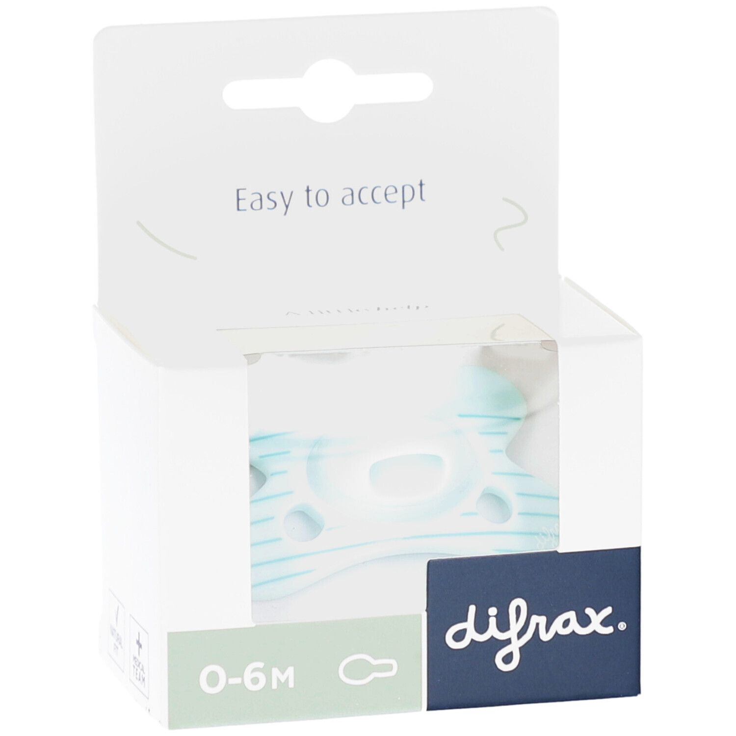 Sucette bleu clair dans un emballage ouvert. L'emballage porte la marque "difrax" et "0-6M".