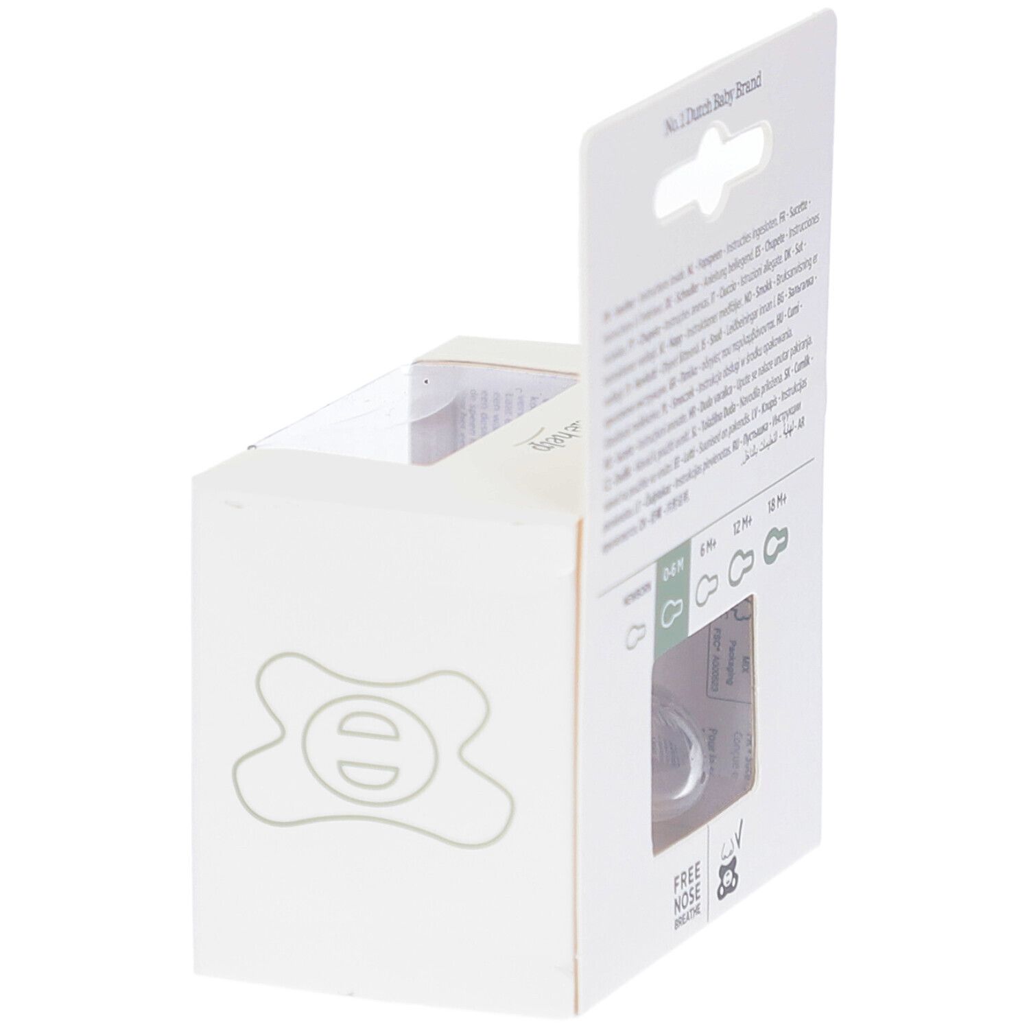 Emballage avec fenêtre. Sucette visible. Texte : Free Nose Breathe, 0-6M. Logo : difrax.
