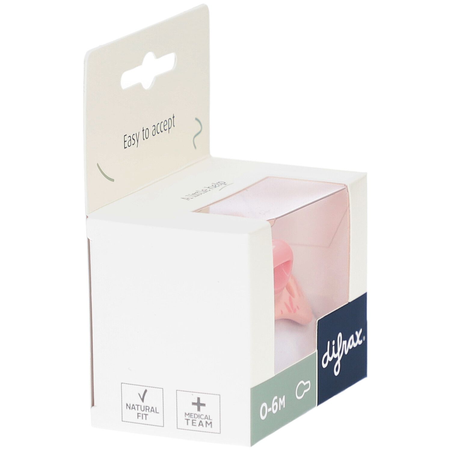 Emballage avec sucette rose. Marque difrax. Âge : 0-6 mois. Inscription : Natural Fit, Medical Team.
