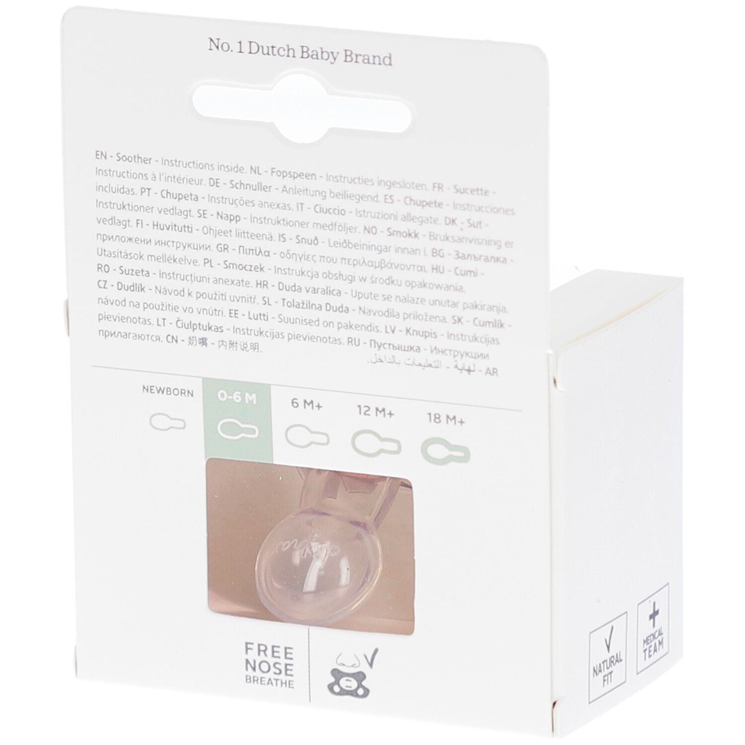 Dos de l'emballage. Sucette visible. Texte : No. 1 Dutch Baby Brand. Âges : 0-6M, 6M+, 12M+, 18M+.