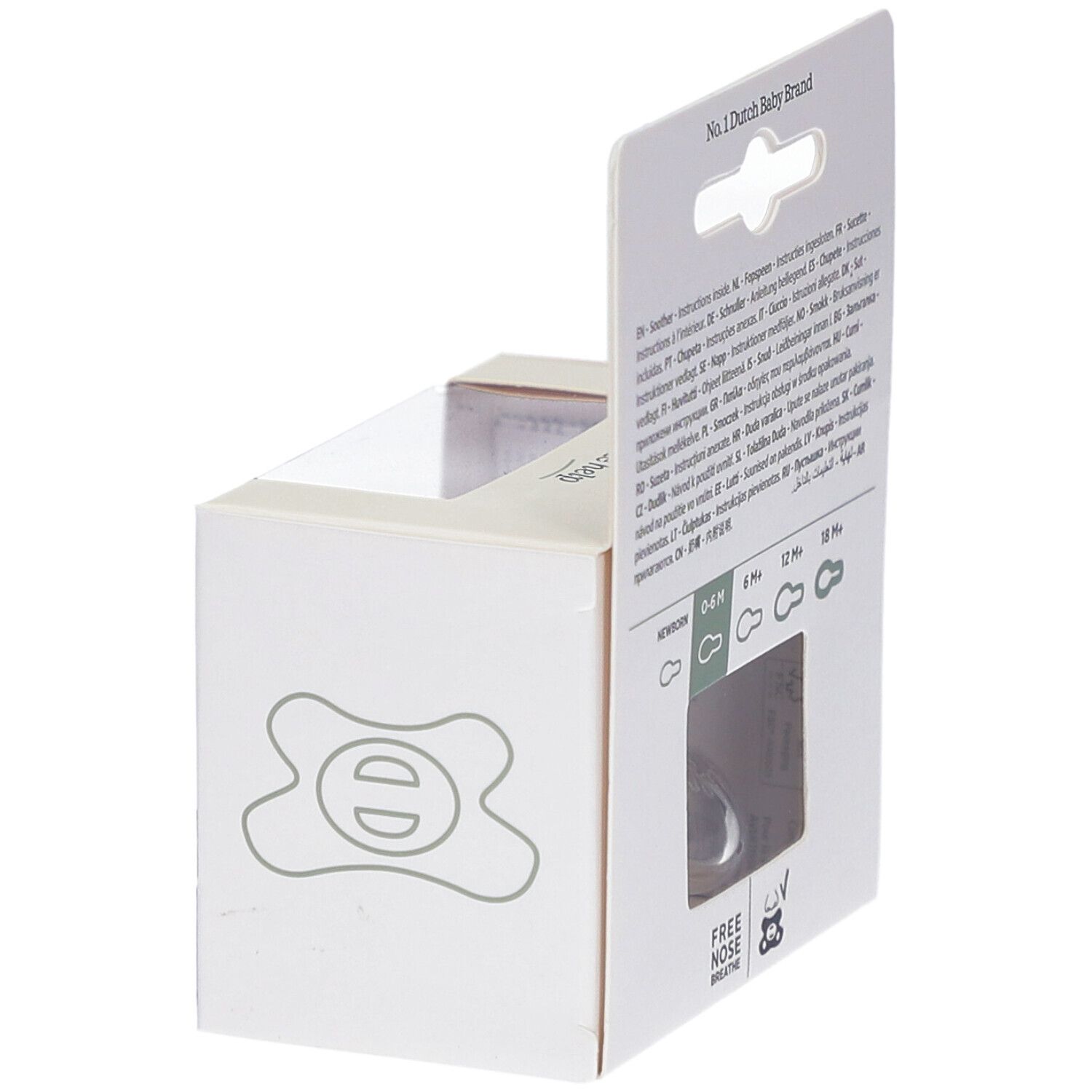 Emballage, dos. Sucette visible. Texte : No. 1 Dutch Baby Brand. Âges : 0-6M, 6M+, 12M+, 18M+.