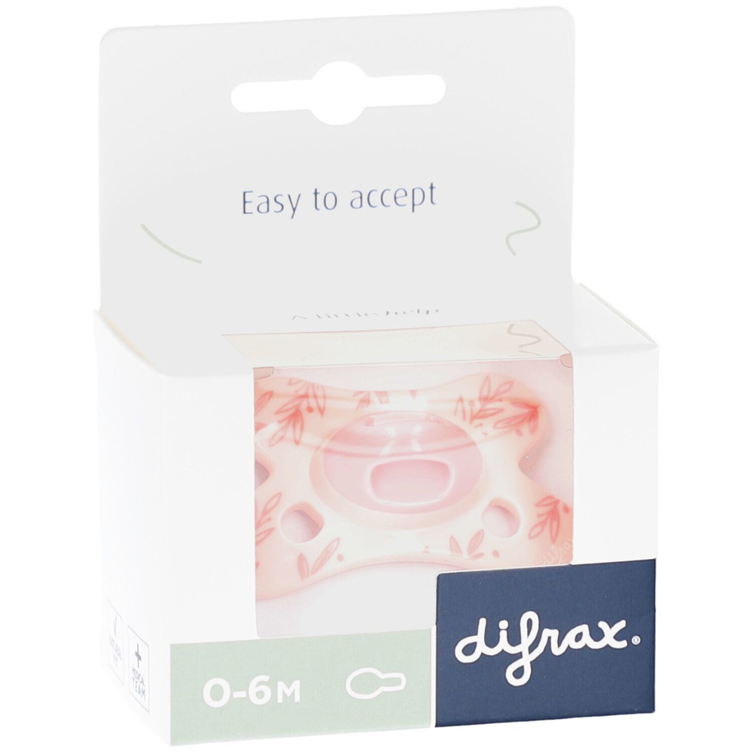 Sucette rose à motifs feuilles dans emballage. Marque difrax. Âge : 0-6 mois. Emballage avec fenêtre.