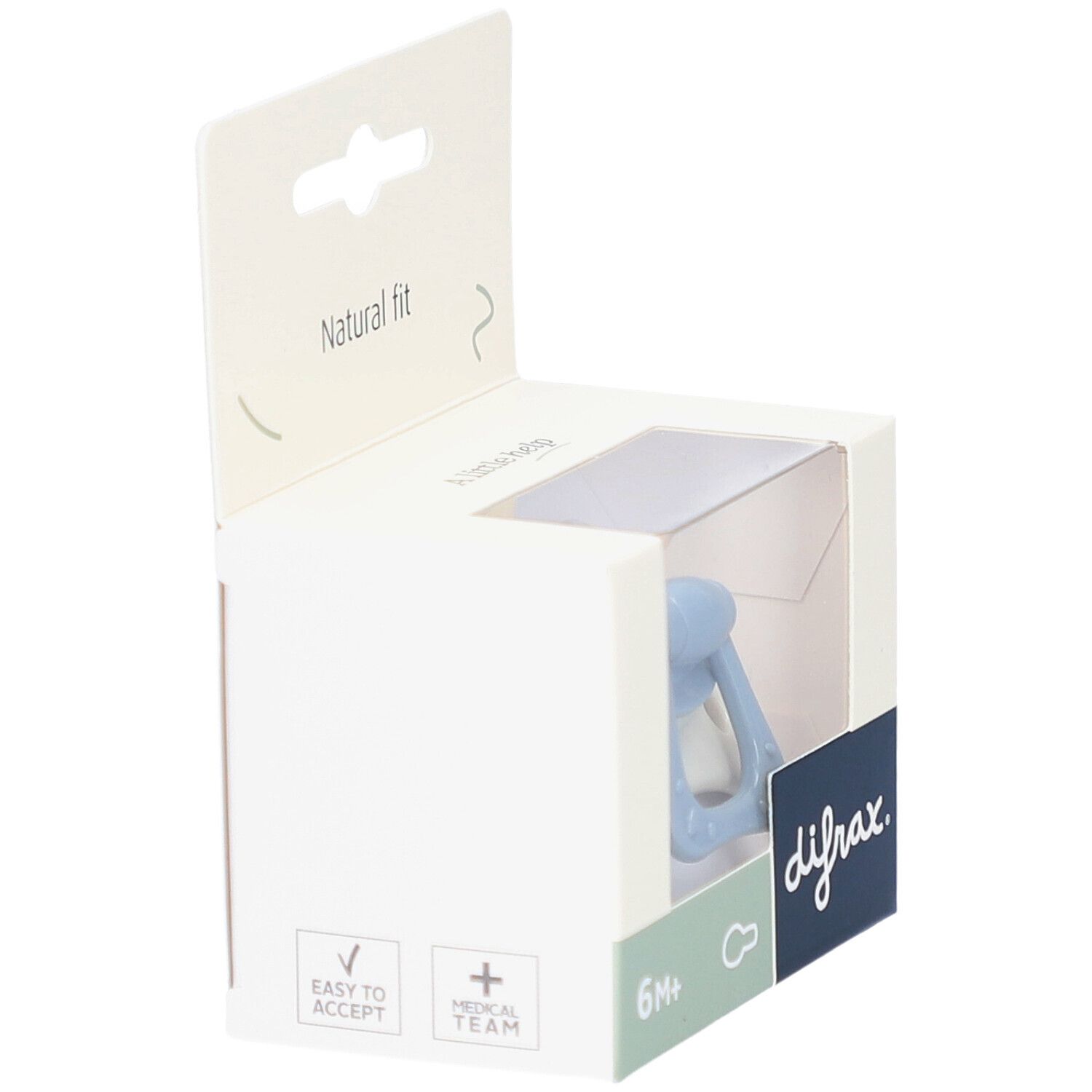 Sucette bleue dans un emballage blanc. Inscription : difrax, 6M+.