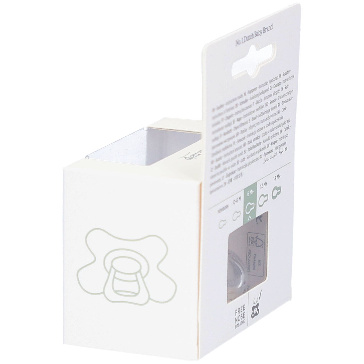 Emballage blanc avec contour de sucette. Inscription : Free Nose Breathe, 6M+.