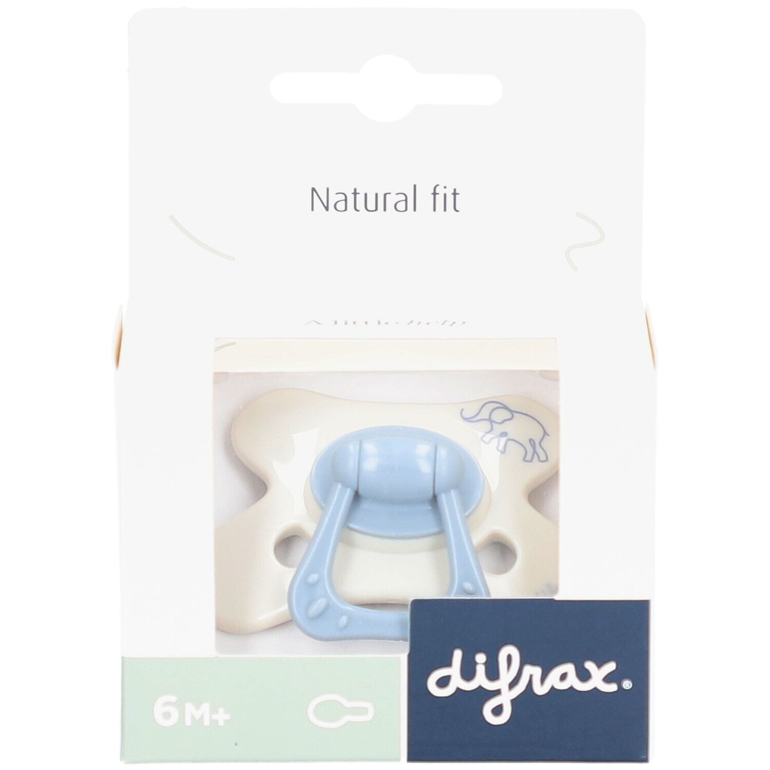 Sucette bleue dans un emballage. Inscription : difrax, 6M+, Natural fit.