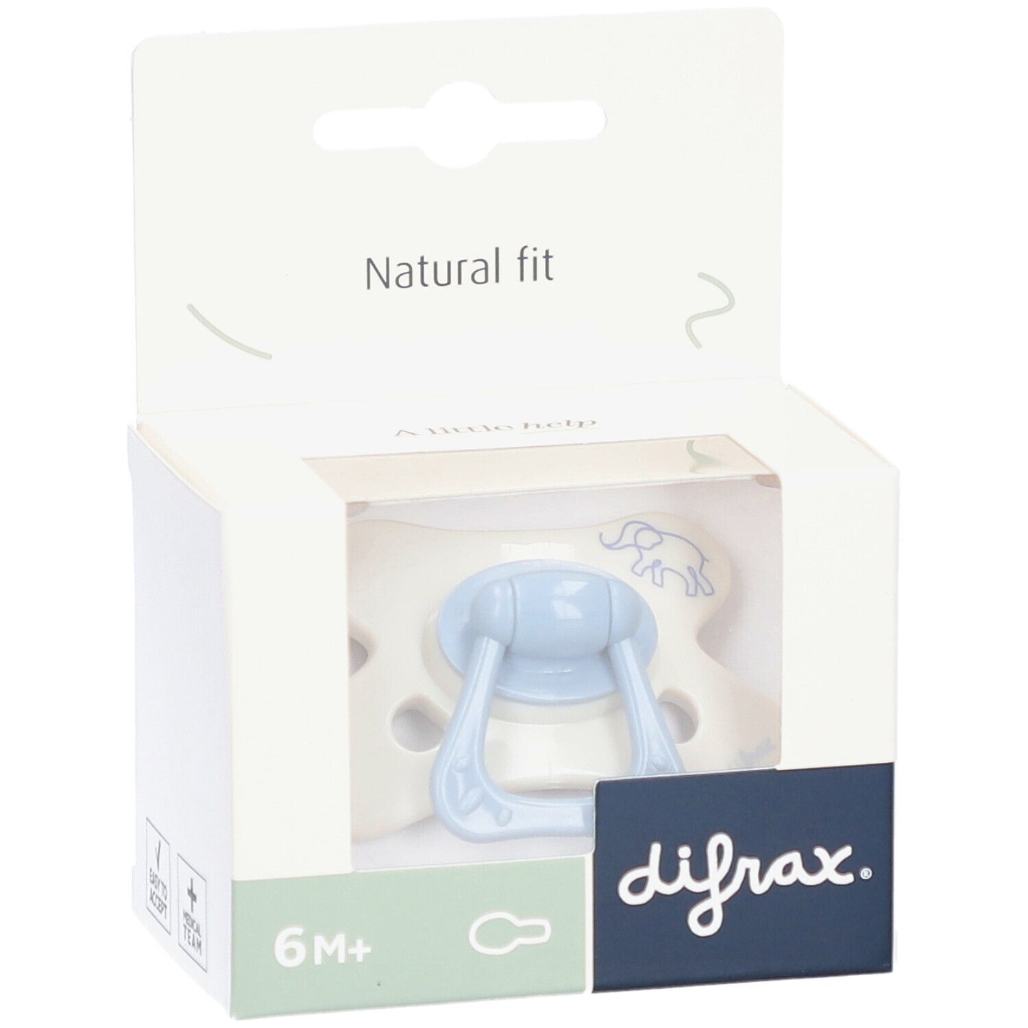 Sucette bleue dans un emballage. Inscription : difrax, 6M+, Natural fit.