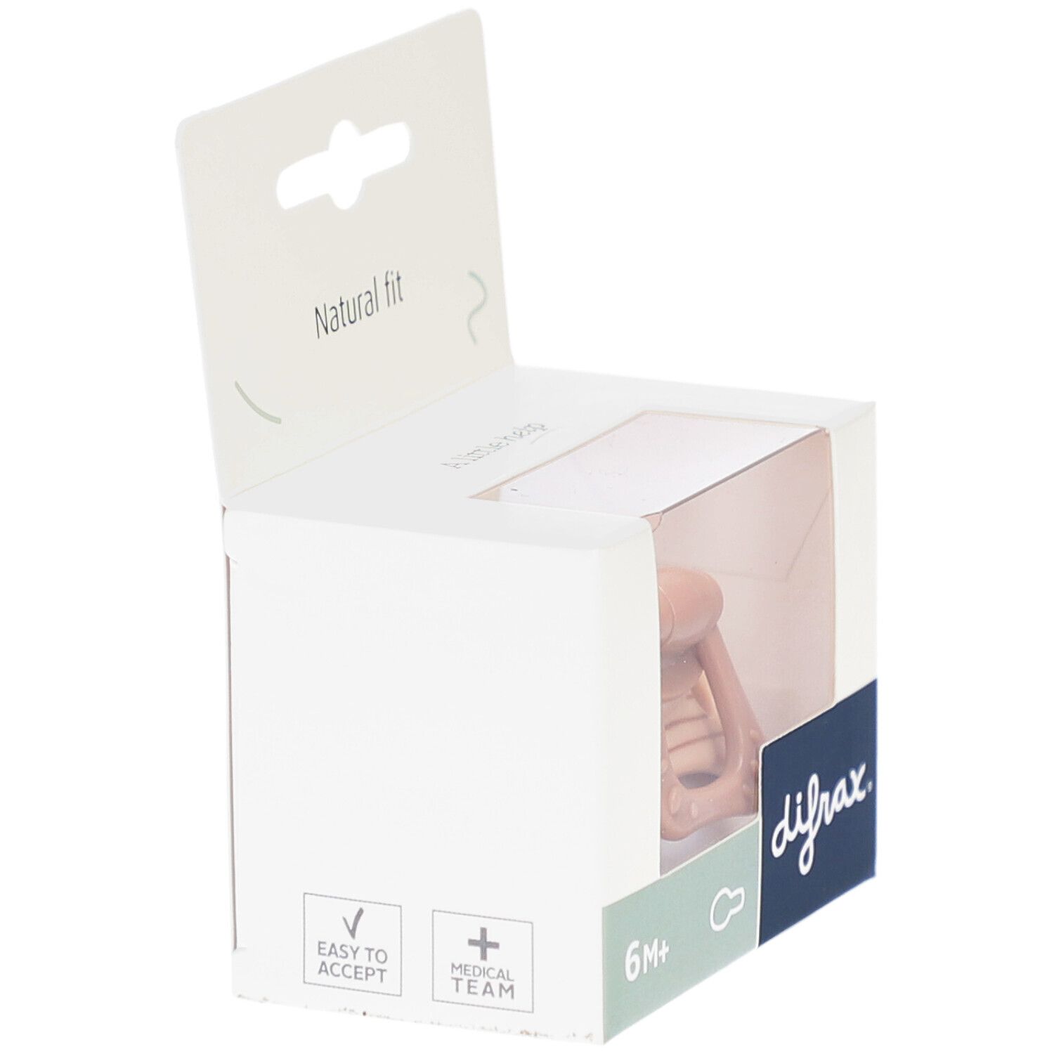 Emballage de sucette. Marque : difrax. Recommandation d'âge : 6M+. Inscriptions : Easy to accept, Medical Team.