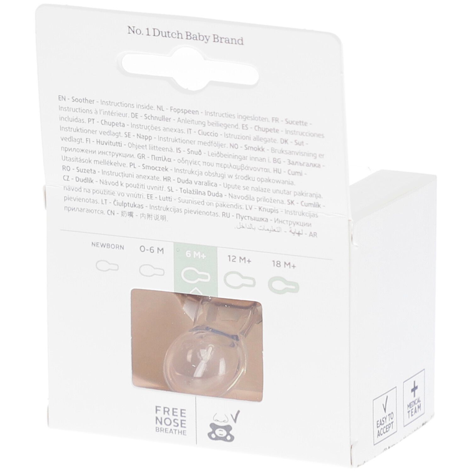 Dos de l'emballage de sucette. Texte : No. 1 Dutch Baby Brand. Recommandations d'âge : Newborn, 0-6M, 6M, 12M, 18M+.
