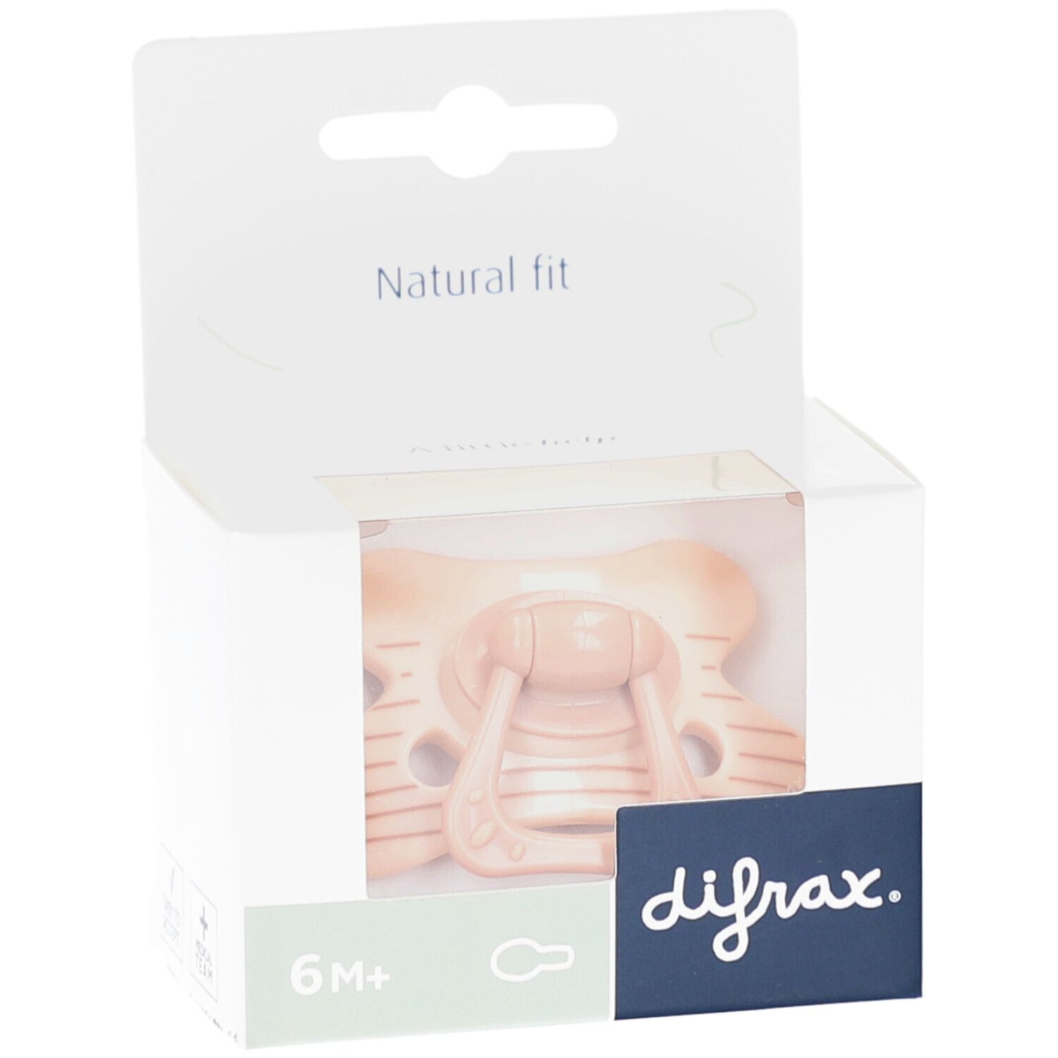 Emballage de sucette. Sucette beige à rayures marron. Marque : difrax. Recommandation d'âge : 6M+.