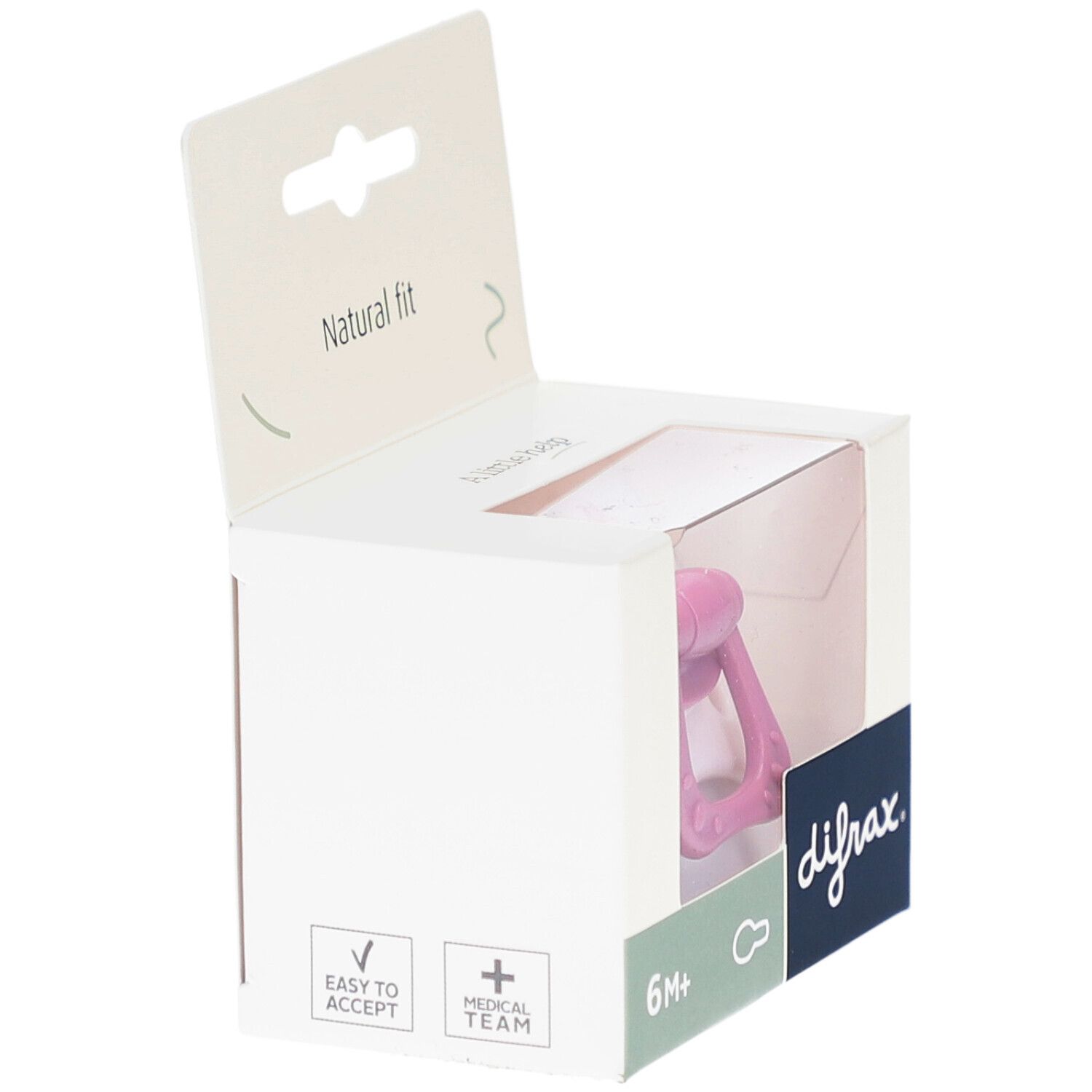 Sucette rose dans un emballage blanc. Inscription : difrax, 6M+, Easy to accept, Medical team.