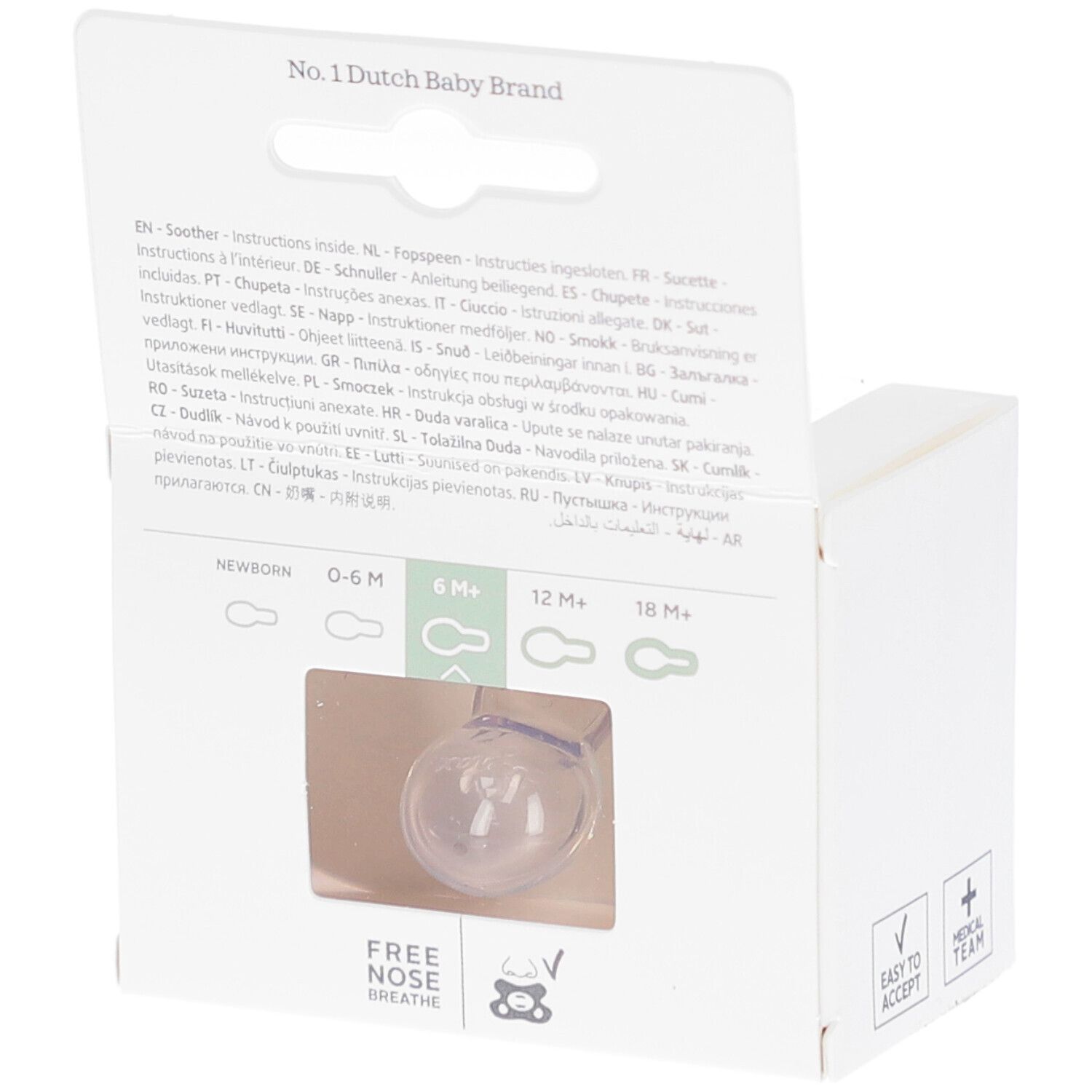 Dos de l'emballage avec texte multilingue. Inscription : No.1 Dutch Baby Brand.