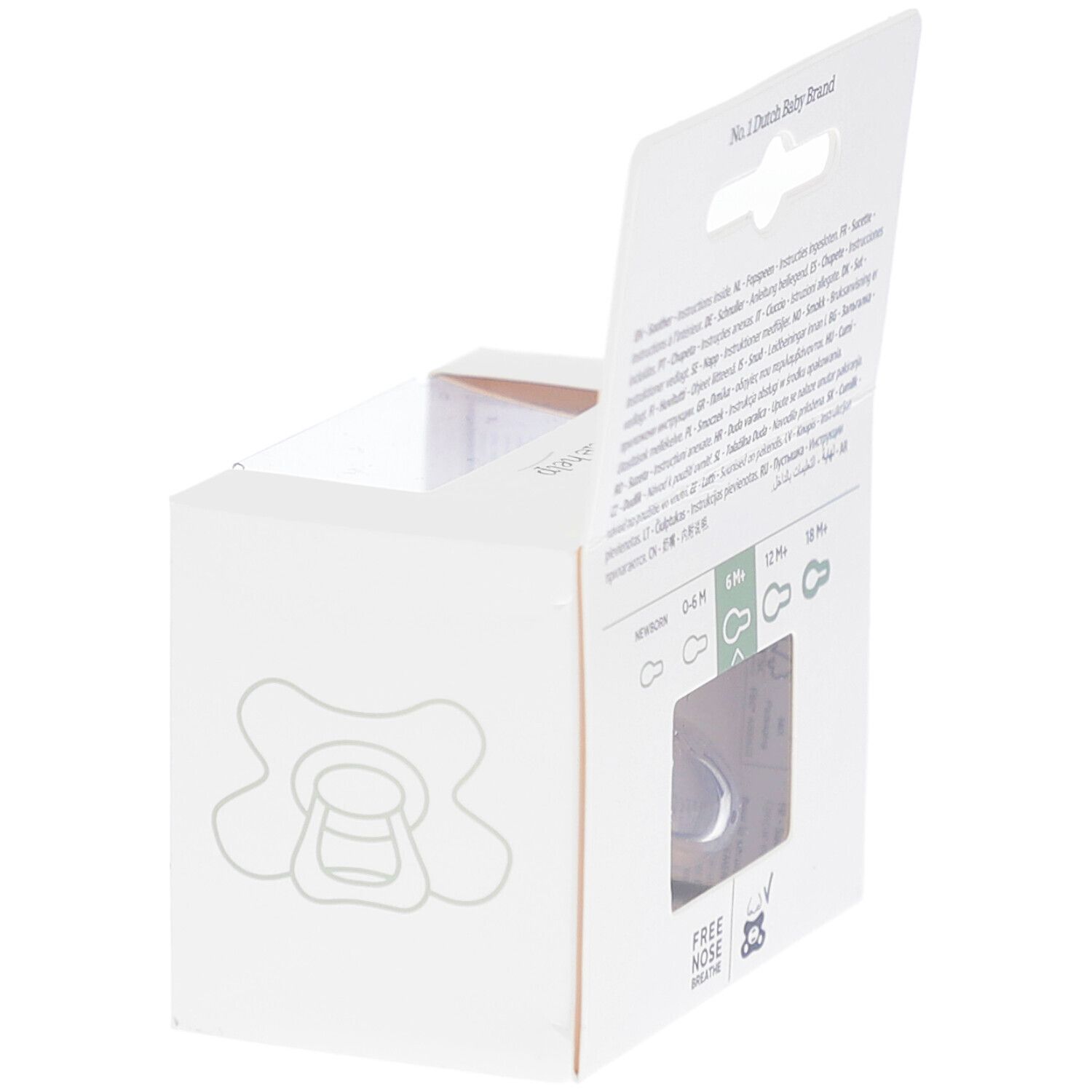 Dos de l'emballage avec texte multilingue. Inscription : No.1 Dutch Baby Brand.