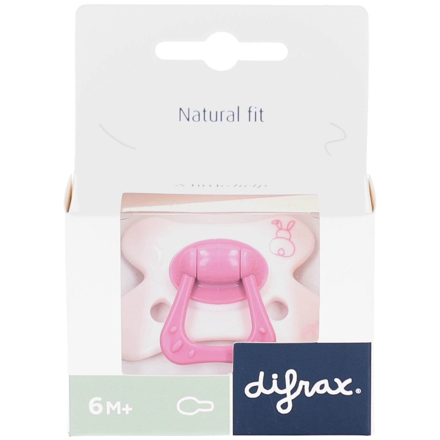 Sucette rose dans un emballage blanc. Inscription : difrax, 6M+, Natural fit, motif lapin.