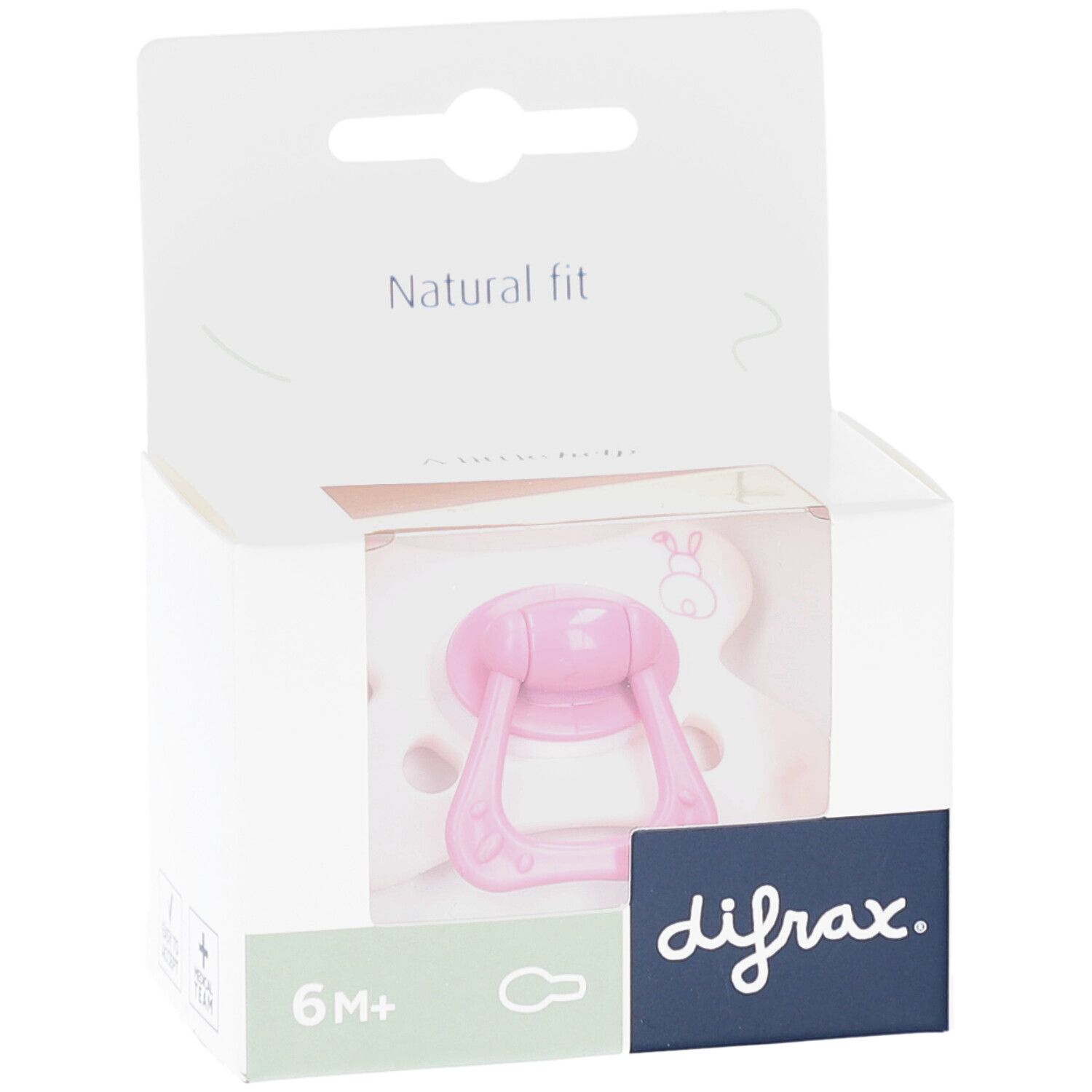 Sucette rose dans un emballage blanc. Inscription : difrax, 6M+, Natural fit, motif lapin.
