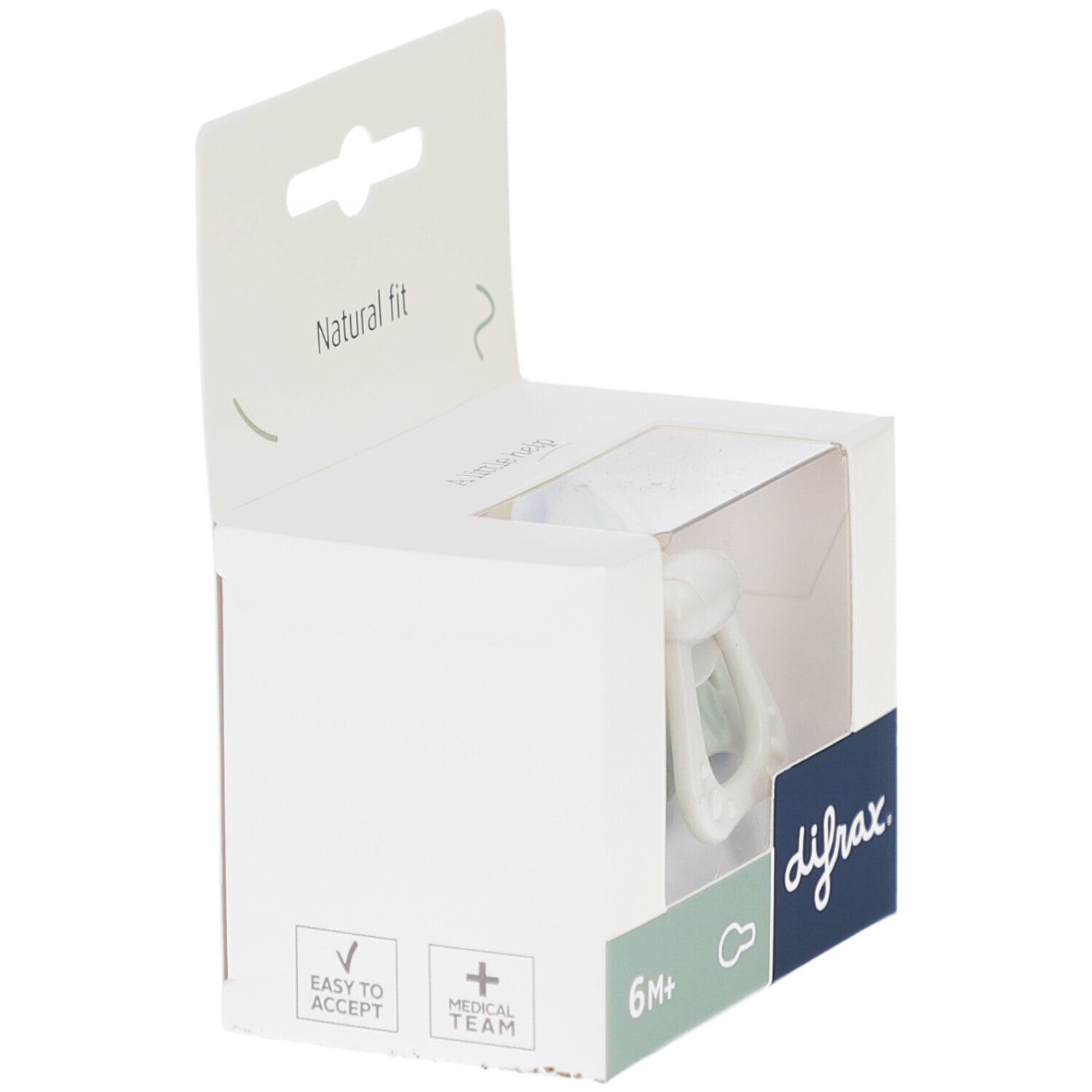 Emballage de sucette. Boîte blanche avec inscription "difrax.". Recommandé pour 6M+. Symboles "Easy to accept" et "Medical team".