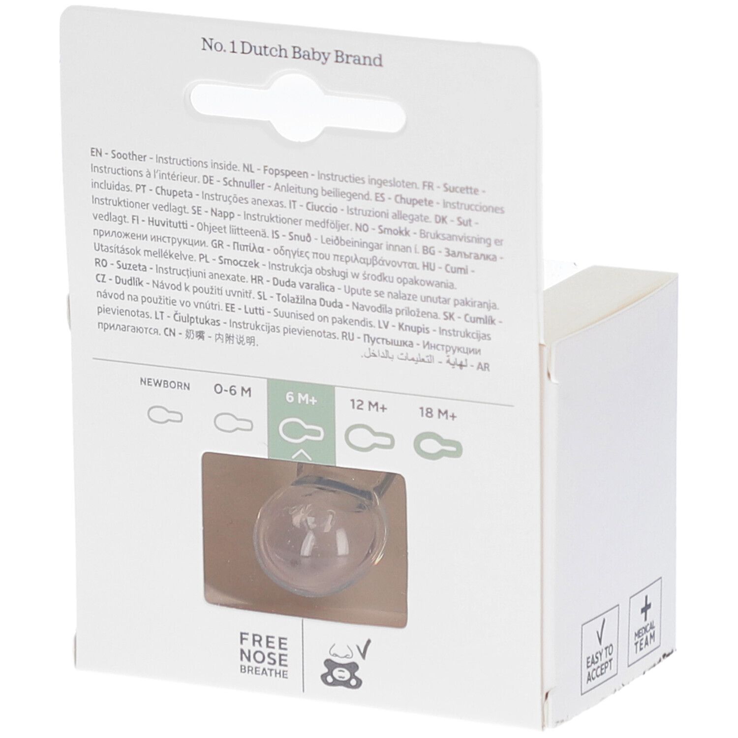 Dos de l'emballage. Sucette dans un emballage transparent. Texte multilingue. Recommandations d'âge : 0-6M, 6M+, 12M+, 18M+.