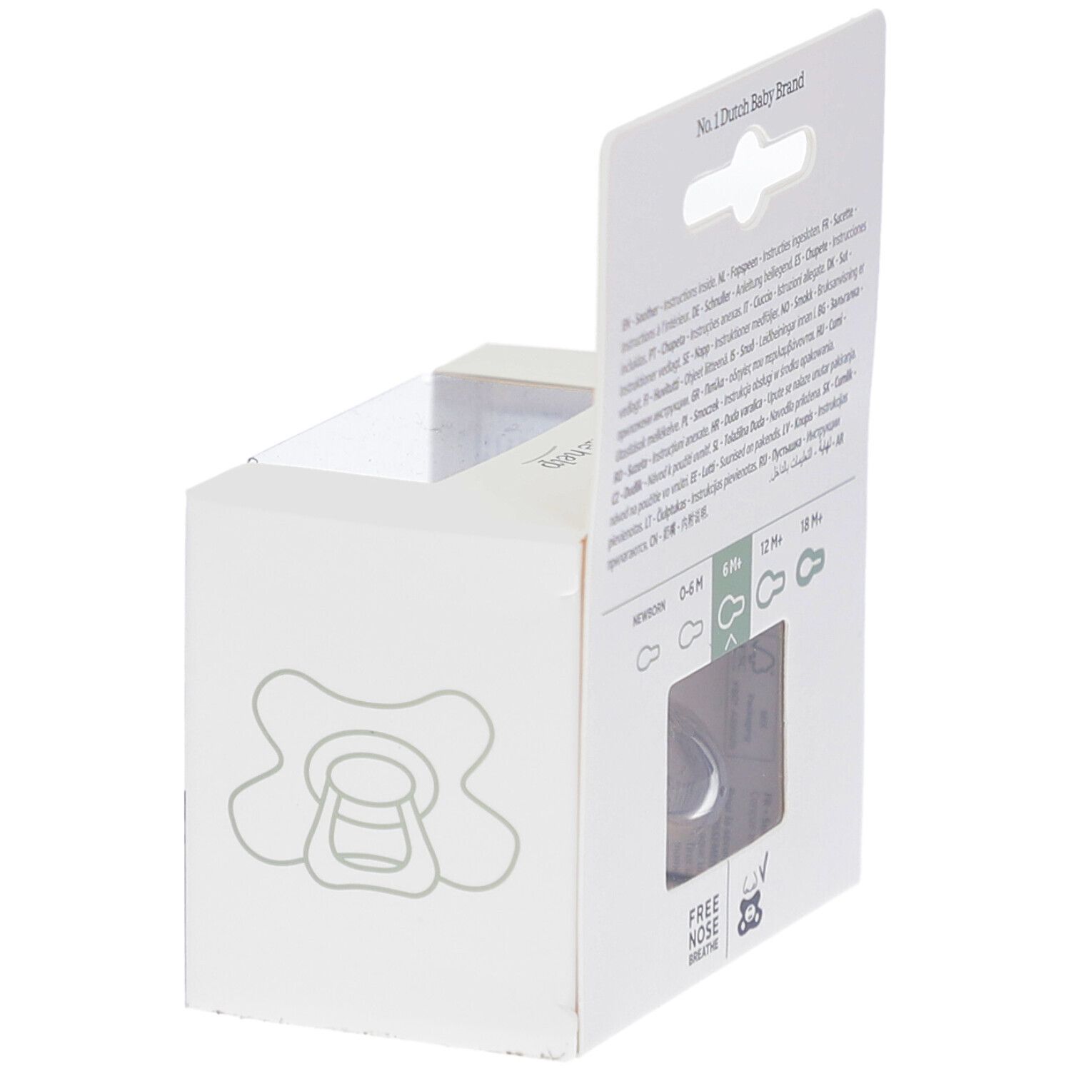 Emballage de sucette. Dos avec texte et recommandations d'âge : 0-6M, 6M+, 12M+, 18M+. Symbole "Free nose breathe".