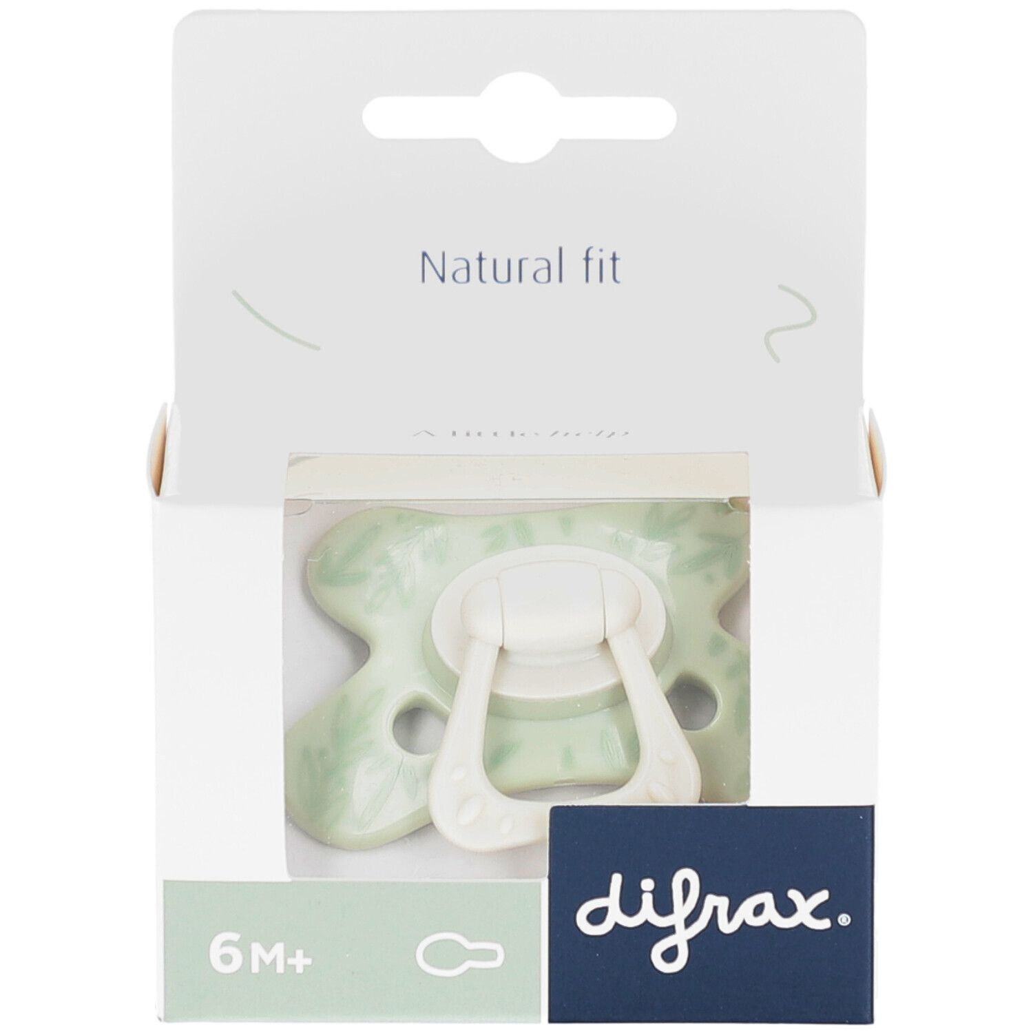 Emballage de sucette. Sucette vert clair avec poignée blanche. Inscription "difrax.". Recommandé pour 6M+.