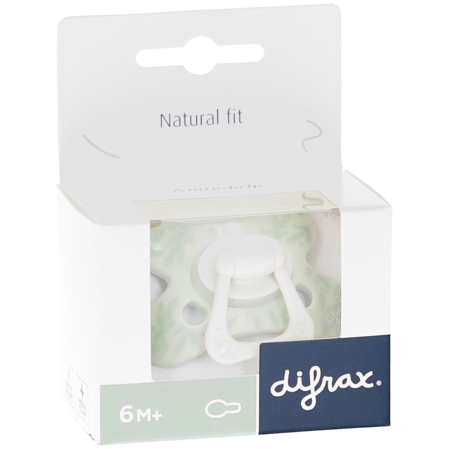 Emballage de sucette. Sucette vert clair avec poignée blanche. Inscription "difrax.". Recommandé pour 6M+.