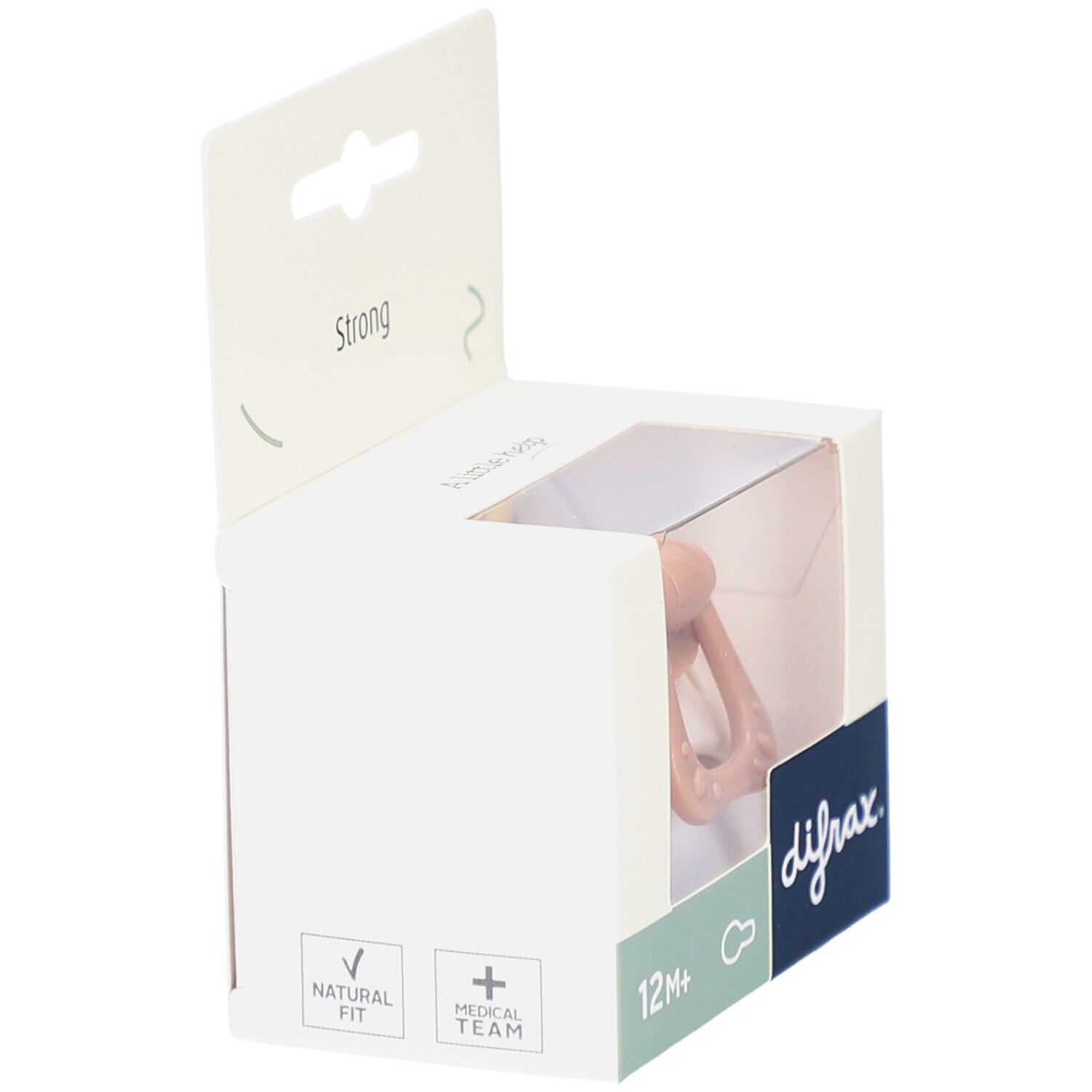 Emballage avec sucette. Beige et rose. Inscriptions: difrax, 12M+ et Natural Fit.