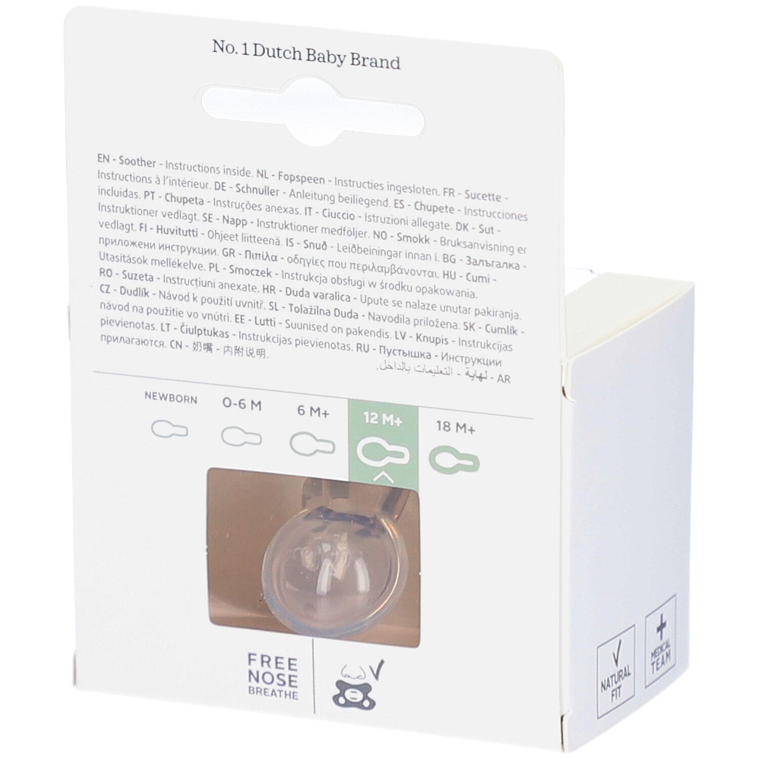 Dos de l'emballage. Texte multilingue. Inscriptions: 12M+ et Natural Fit.