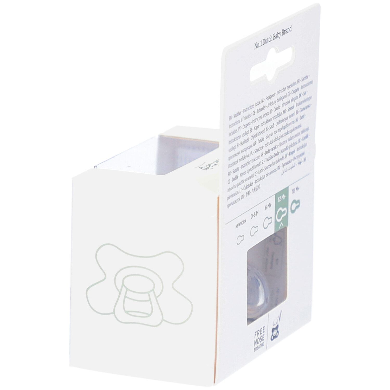 Emballage avec sucette. Inscriptions: 12M+ et Natural Fit. Dos avec texte.