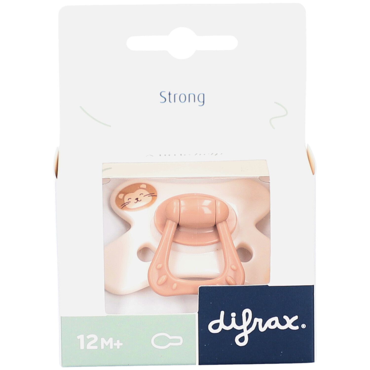 Sucette dans emballage. Beige et rose, motif lion. Inscription 12M+ et difrax.