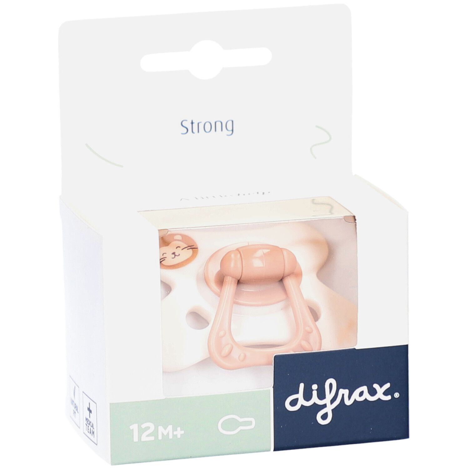 Emballage avec sucette. Beige et rose, motif lion. Inscription 12M+ et difrax.