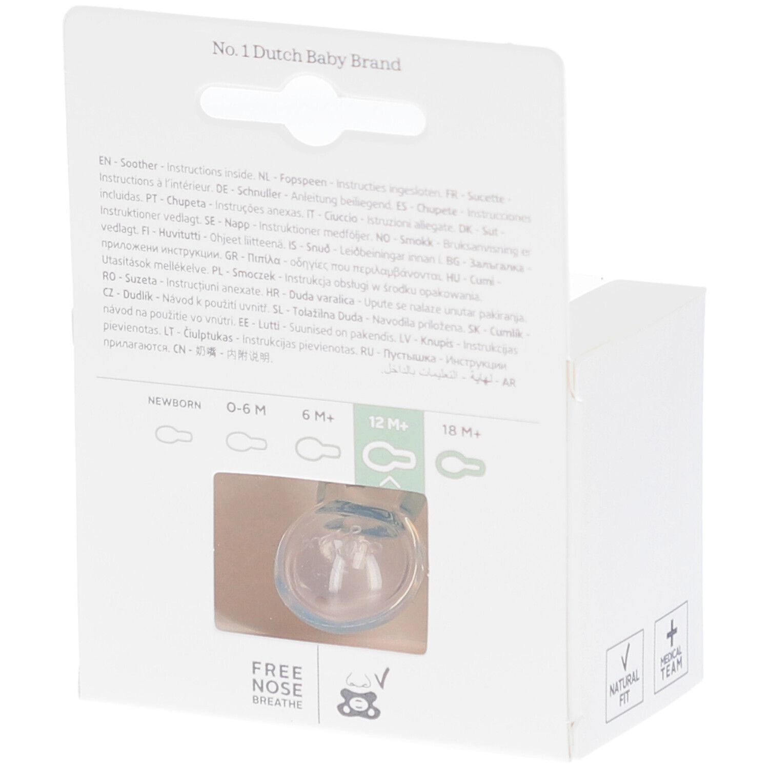 Dos de l'emballage. Visible: sucette, indications d'âge, texte multilingue. Inscription: "Free Nose Breathe".