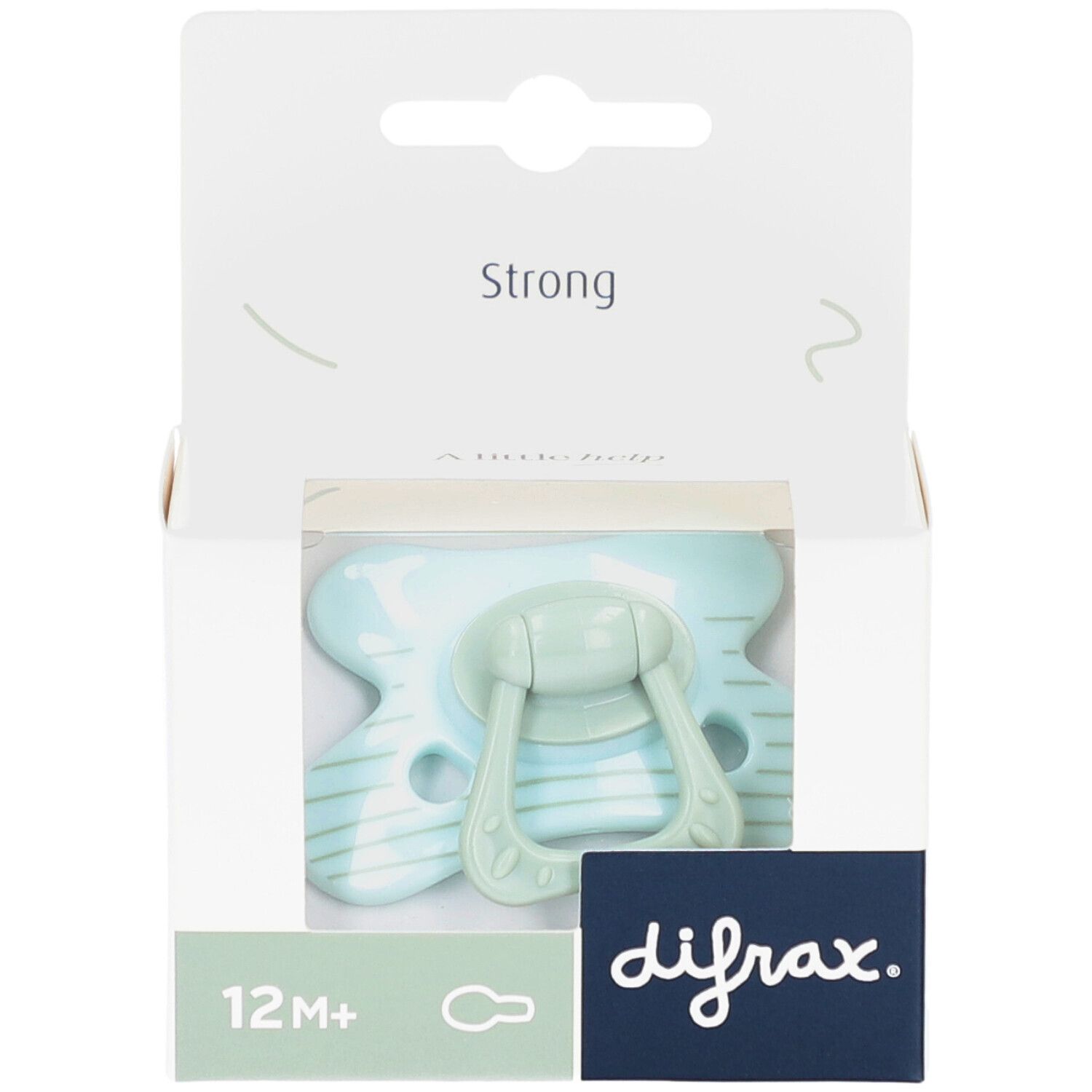 Sucette menthe dans emballage. Visible: 12M+ et logo difrax. Emballage avec inscription "Strong".