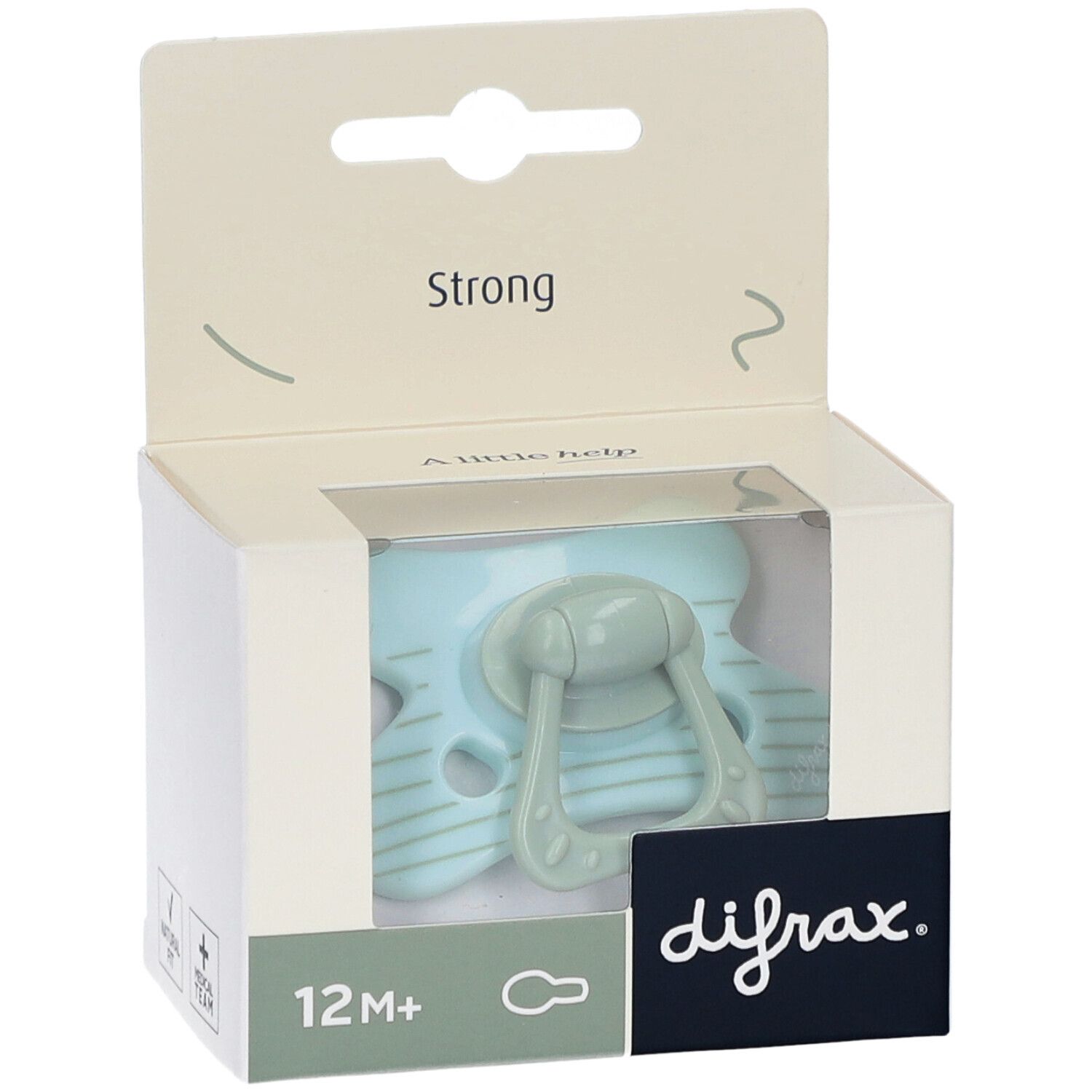 Sucette menthe dans emballage. Visible: 12M+ et logo difrax. Emballage avec inscription "Strong".