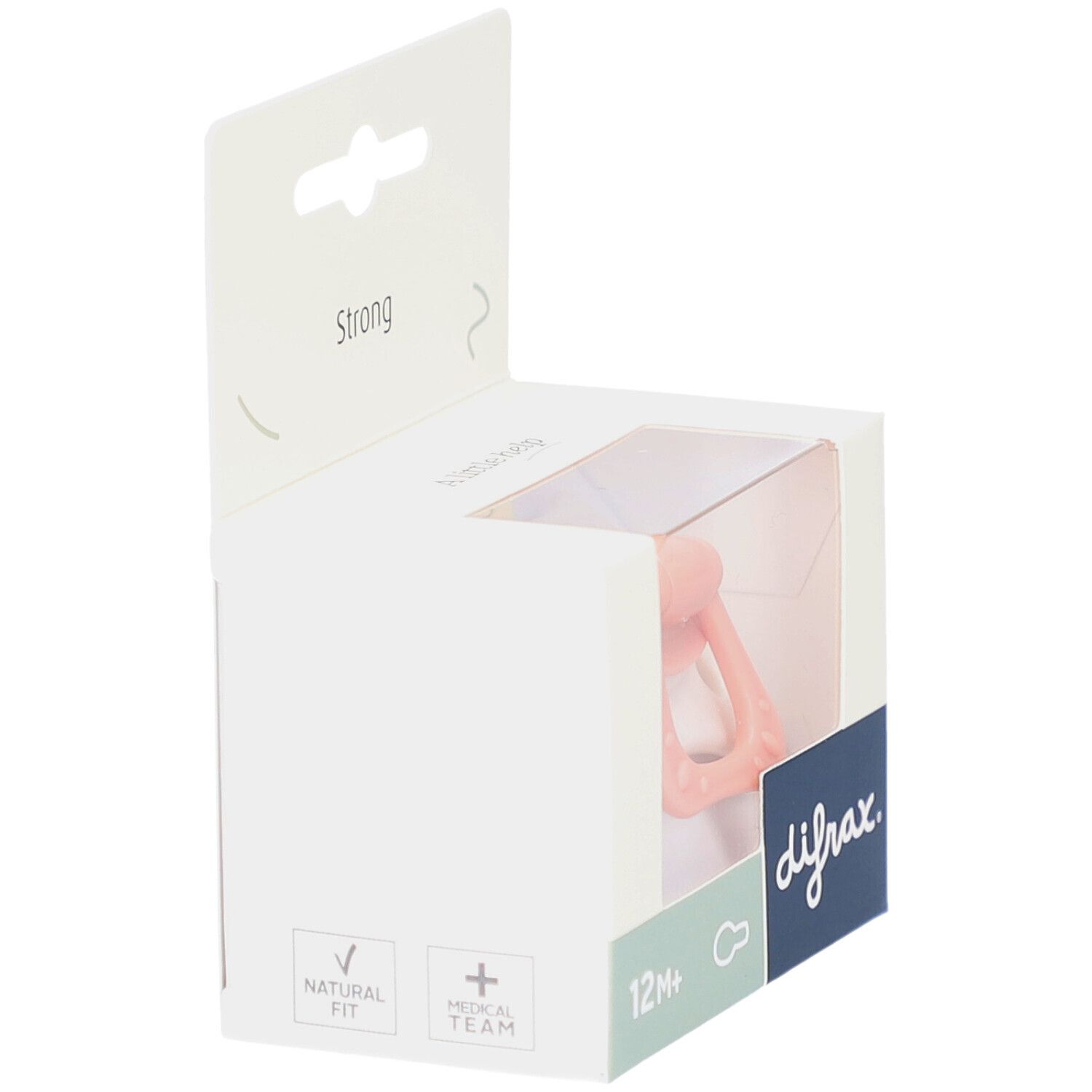 Emballage avec sucette rose. Visible : logo difrax, 12M+.