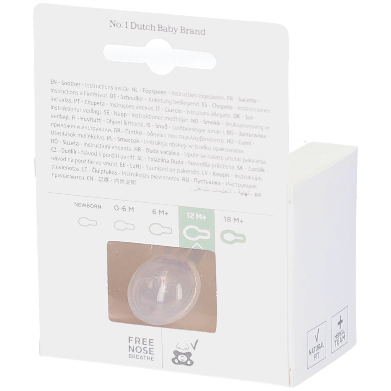 Dos de l'emballage avec sucette. Texte multilingue. Visible : 12M+.