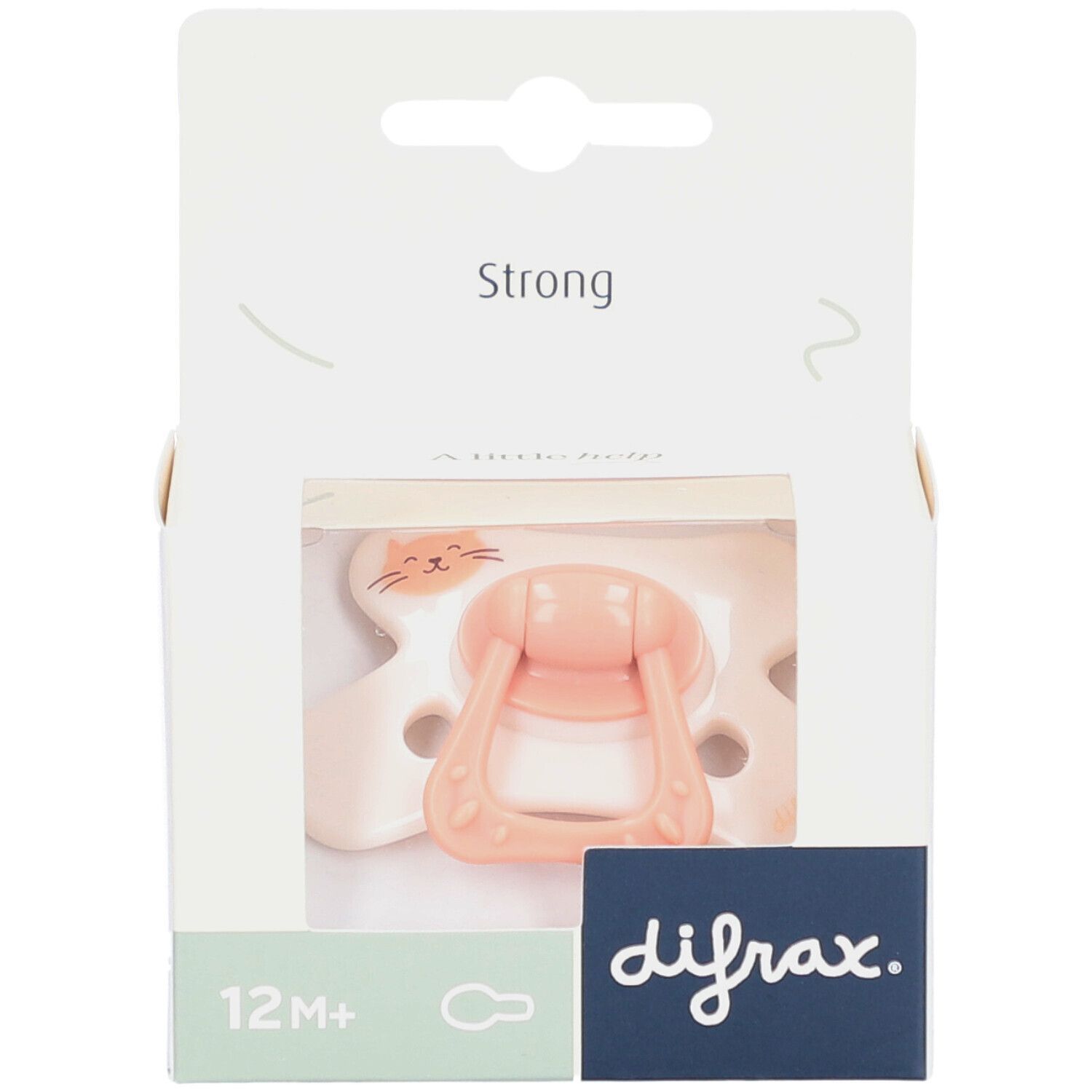 Sucette rose avec motif chat dans emballage. Visible : logo difrax, 12M+.