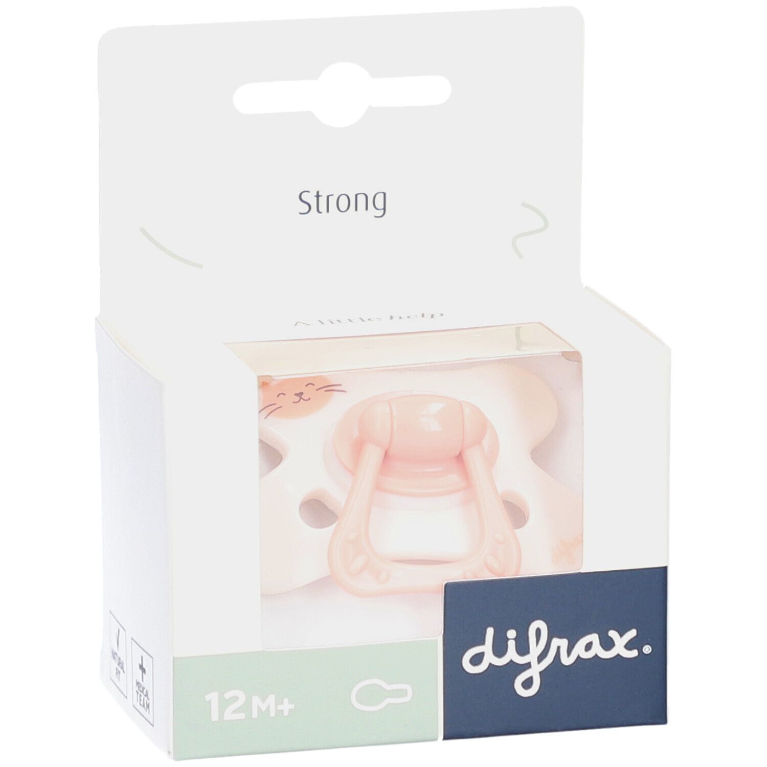 Emballage avec sucette rose et motif chat. Visible : logo difrax, 12M+.