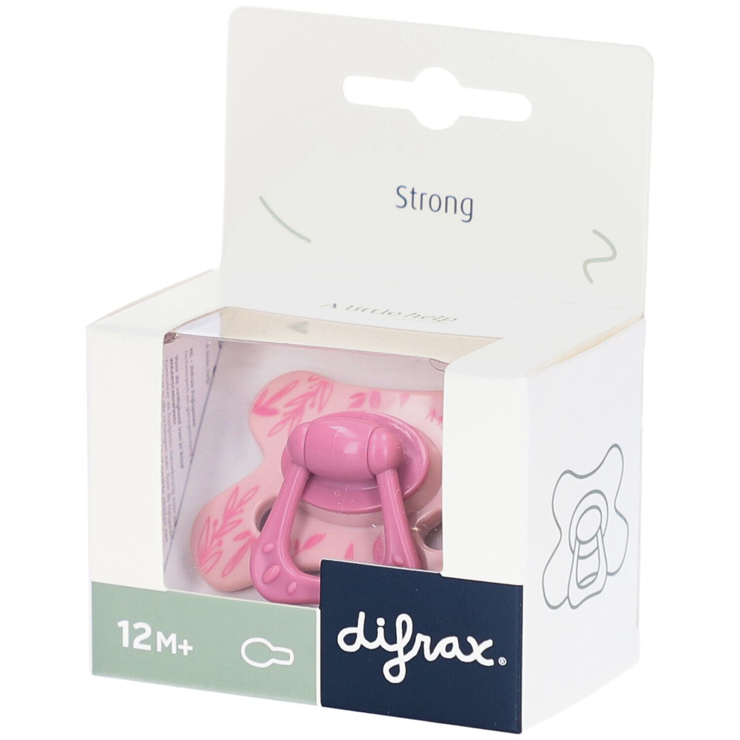 Sucette rose dans emballage. Inscriptions: 12M+, difrax., Strong. Motif feuilles sur la sucette.