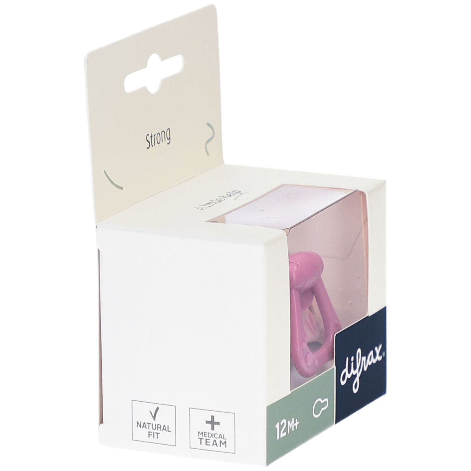 Sucette rose dans emballage. Inscriptions: 12M+, difrax., Natural Fit, Medical Team.