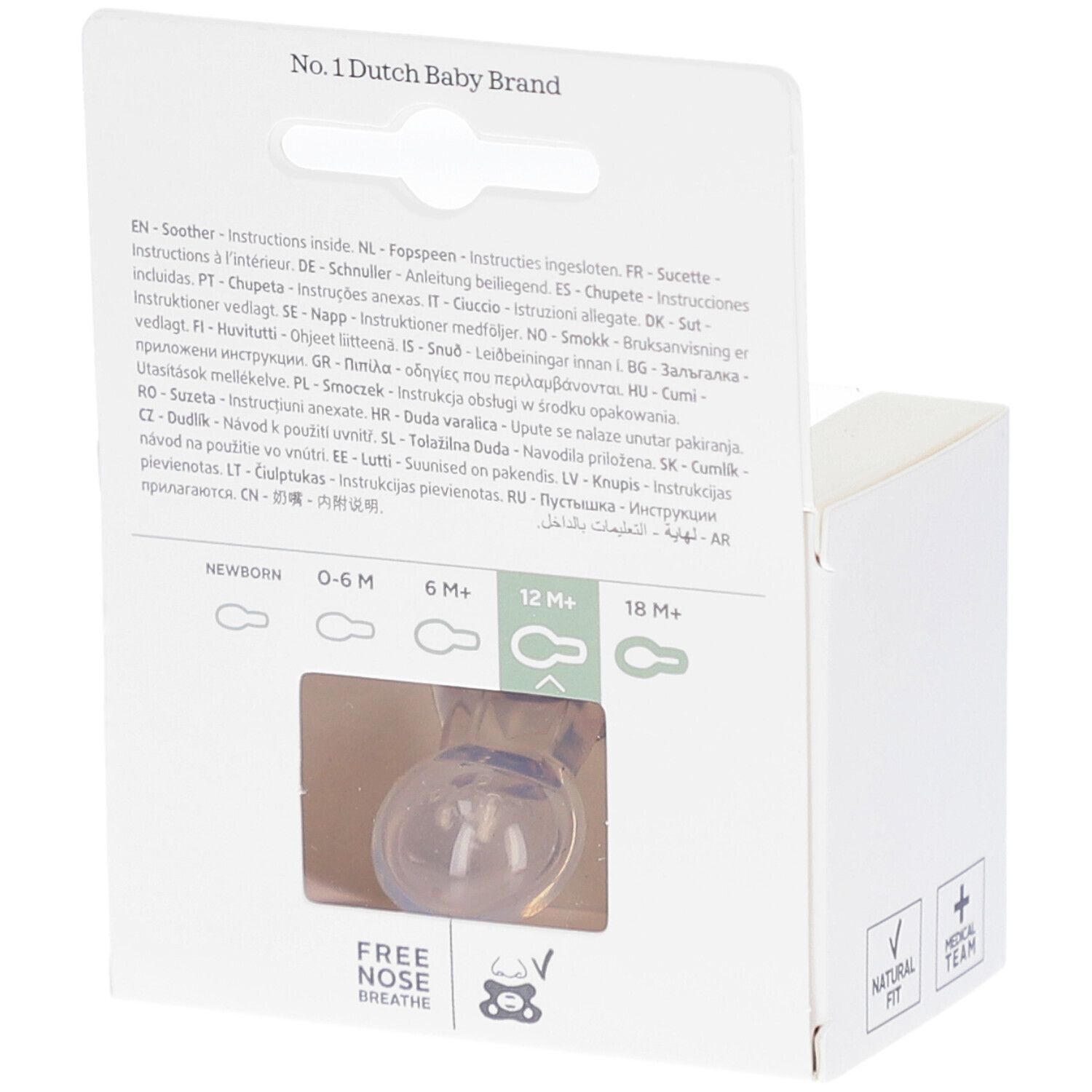 Dos de l'emballage. Inscriptions: No. 1 Dutch Baby Brand, 12M+, Natural Fit, Medical Team.