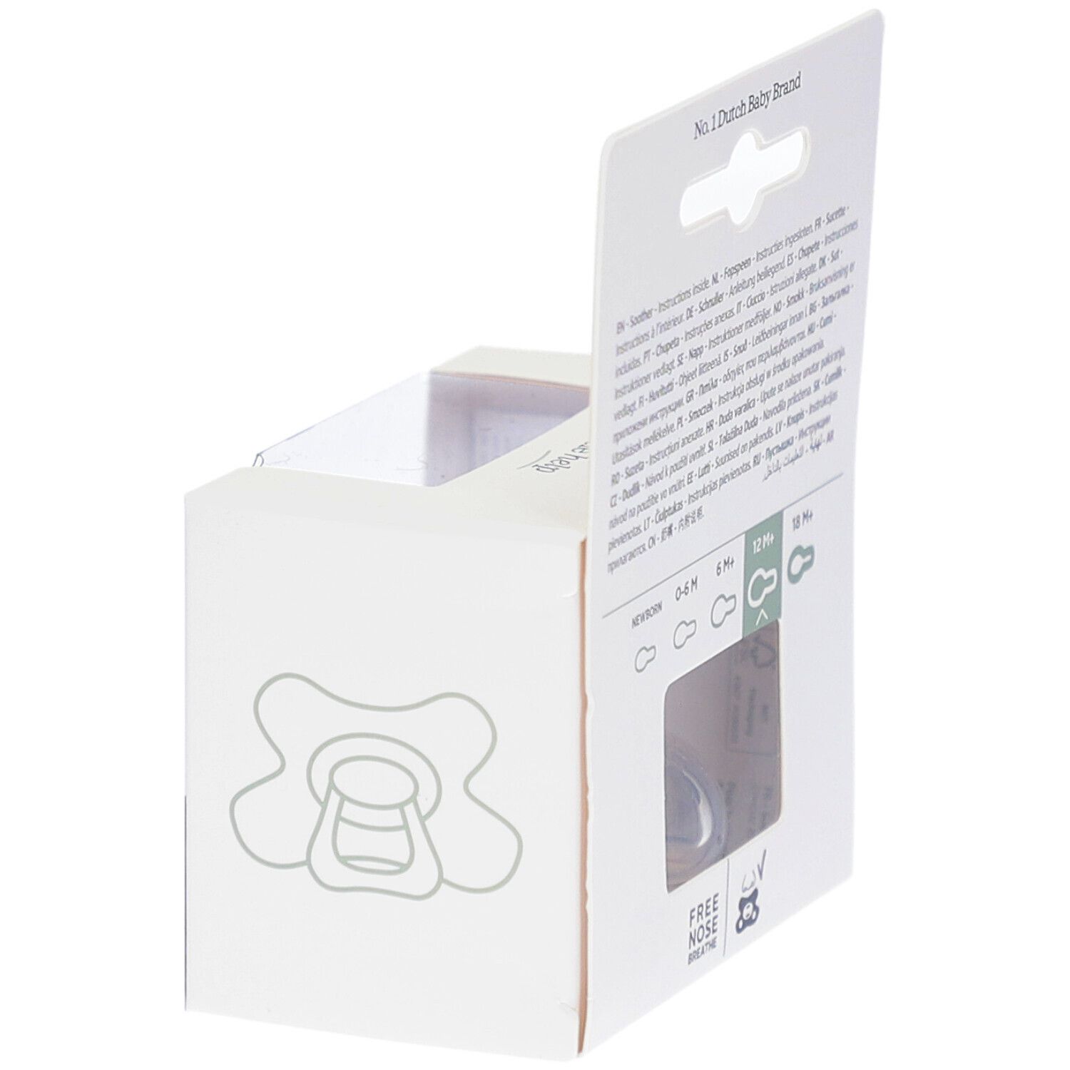 Emballage, dos. Inscriptions: No. 1 Dutch Baby Brand, 12M+, Natural Fit, Free Nose.