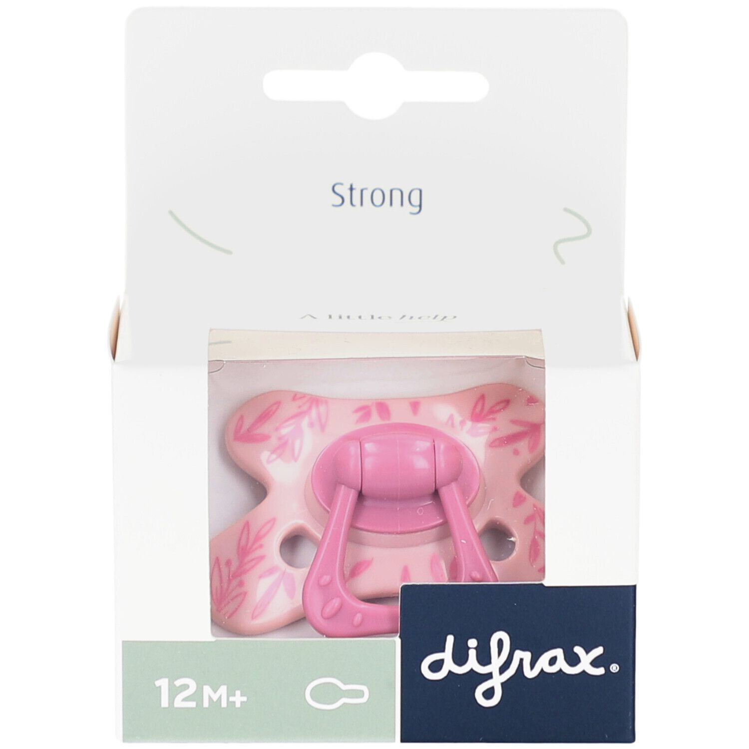 Sucette rose dans emballage. Inscriptions: 12M+, difrax., Strong. Motif feuilles sur la sucette.