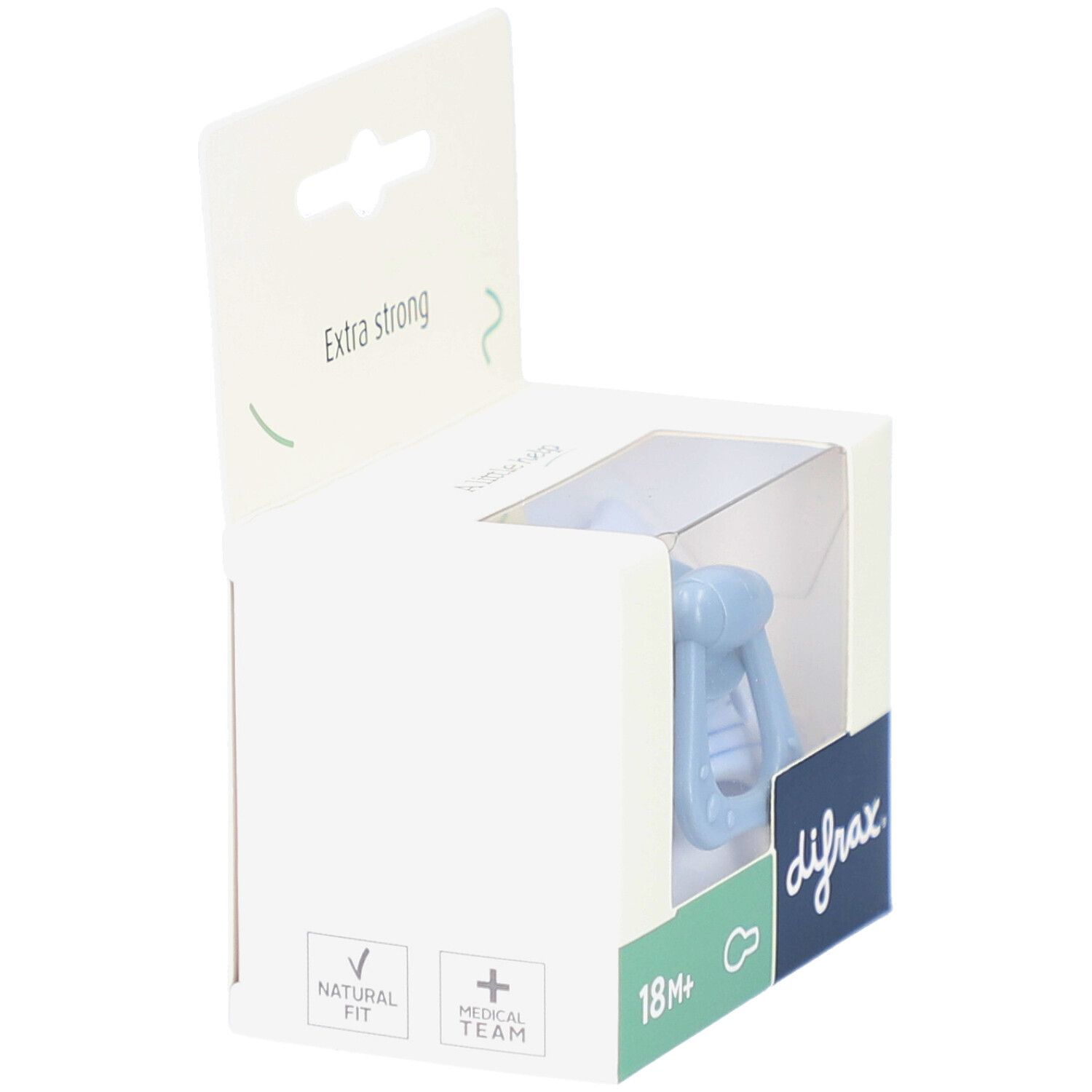 Emballage avec sucette. Sucette bleu clair visible. Inscriptions "Natural Fit" et "Medical Team".