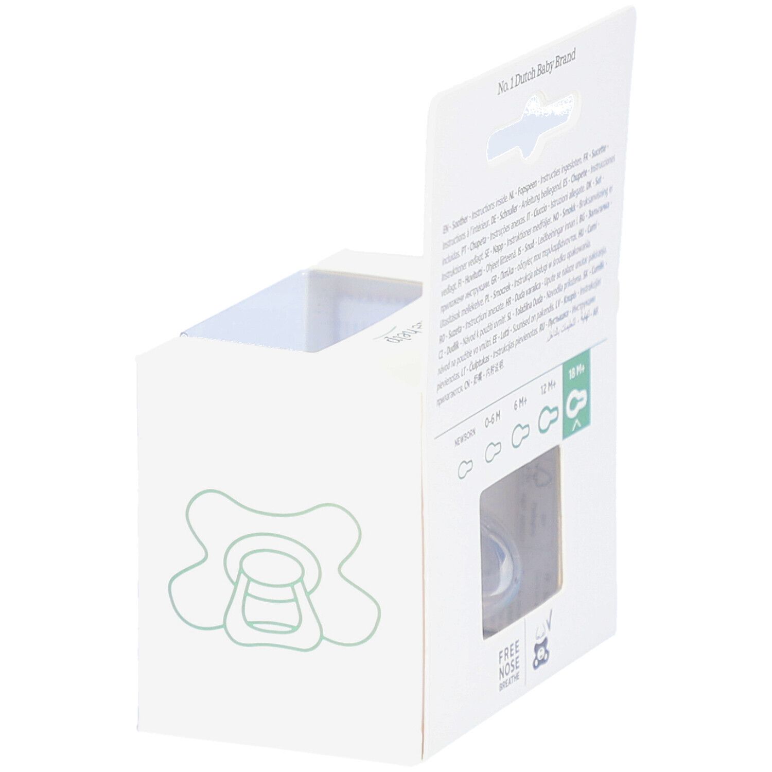 Emballage avec sucette. Dos avec texte. Fenêtre avec sucette visible.