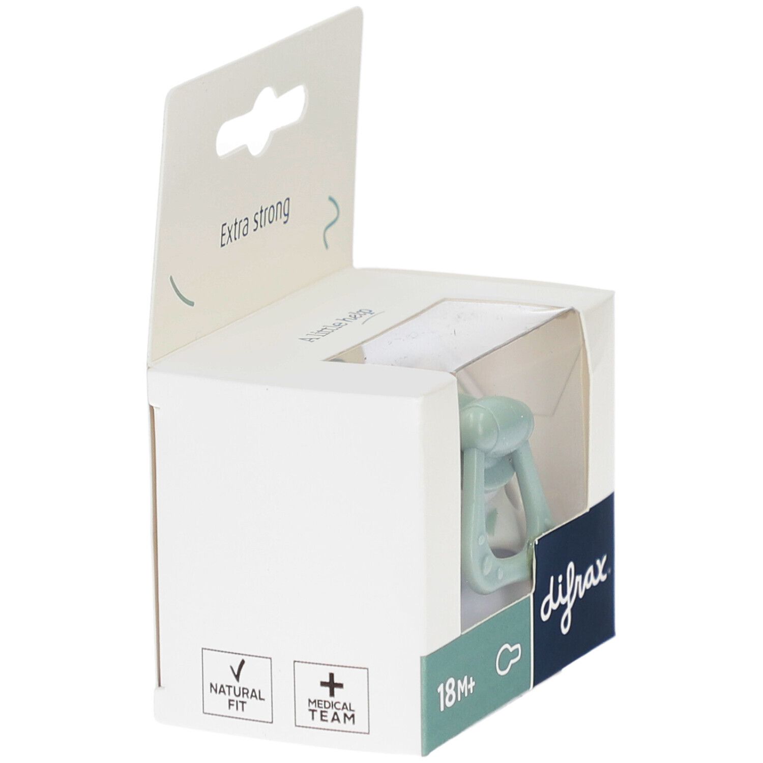 Emballage avec sucette. Marque Difrax. Recommandé pour 18 mois et plus. Ajustement naturel et équipe médicale.