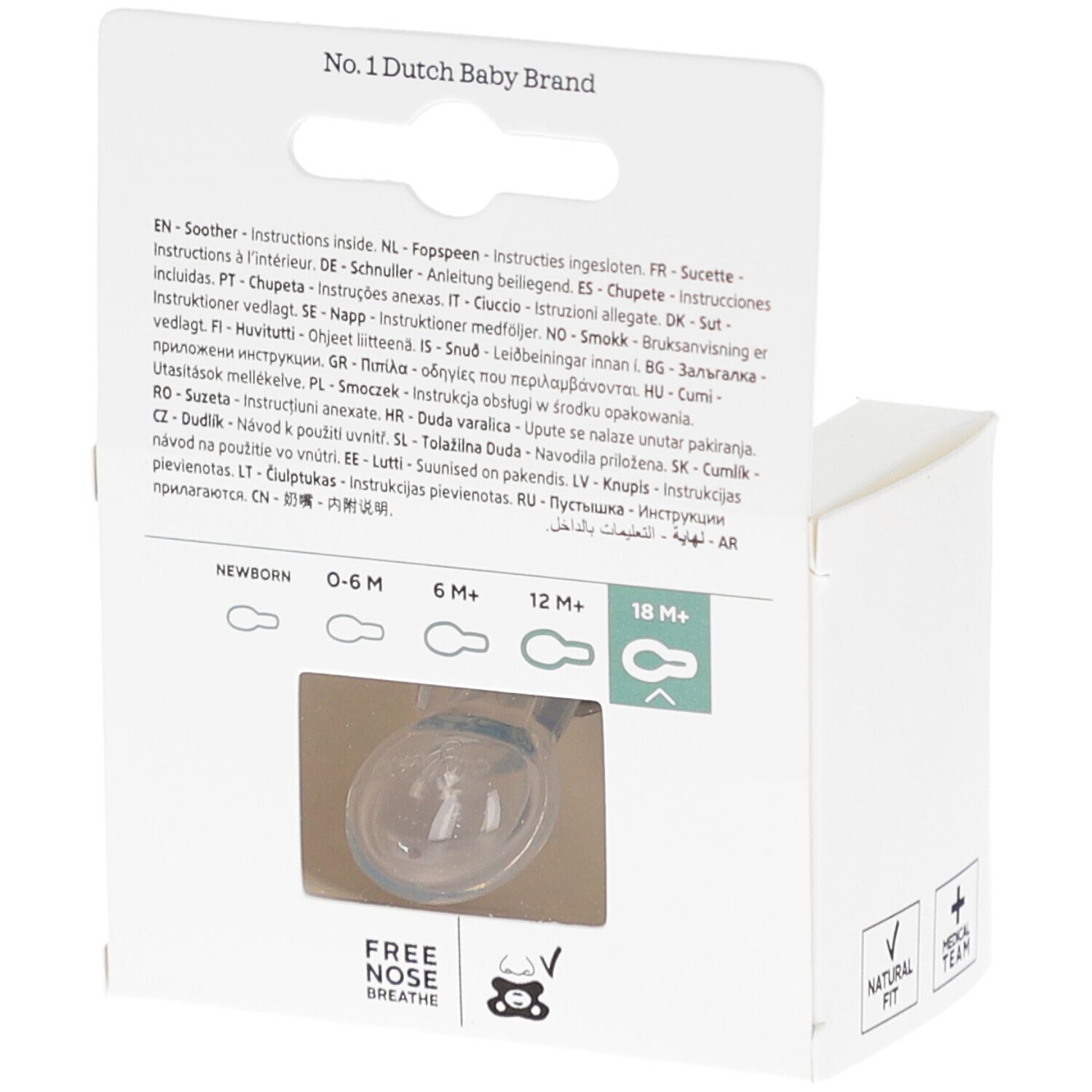 Dos de l'emballage. Aperçu des tailles de sucettes. Marque Difrax. Texte en plusieurs langues.