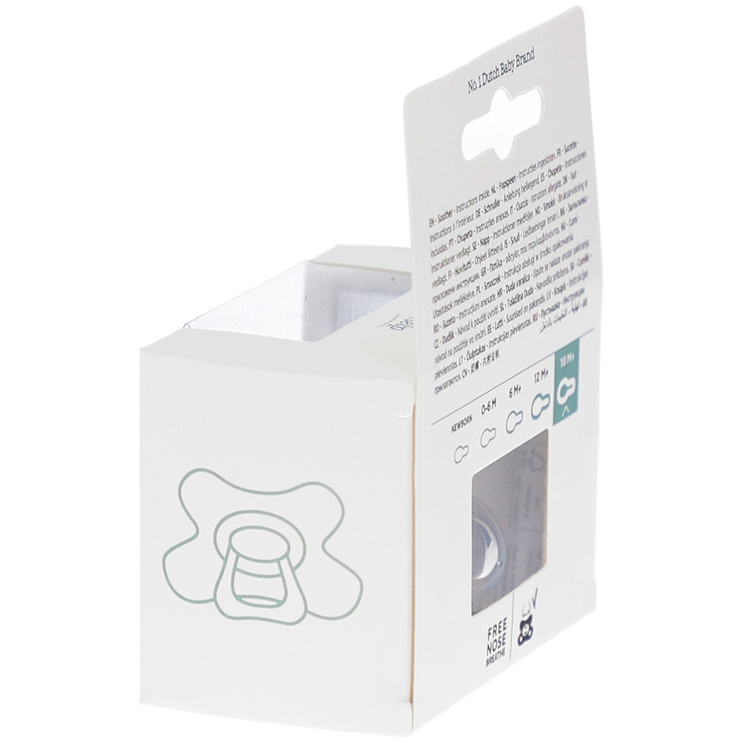 Emballage avec sucette. Marque Difrax. Aperçu des tailles de sucettes. Free Nose Breathe.