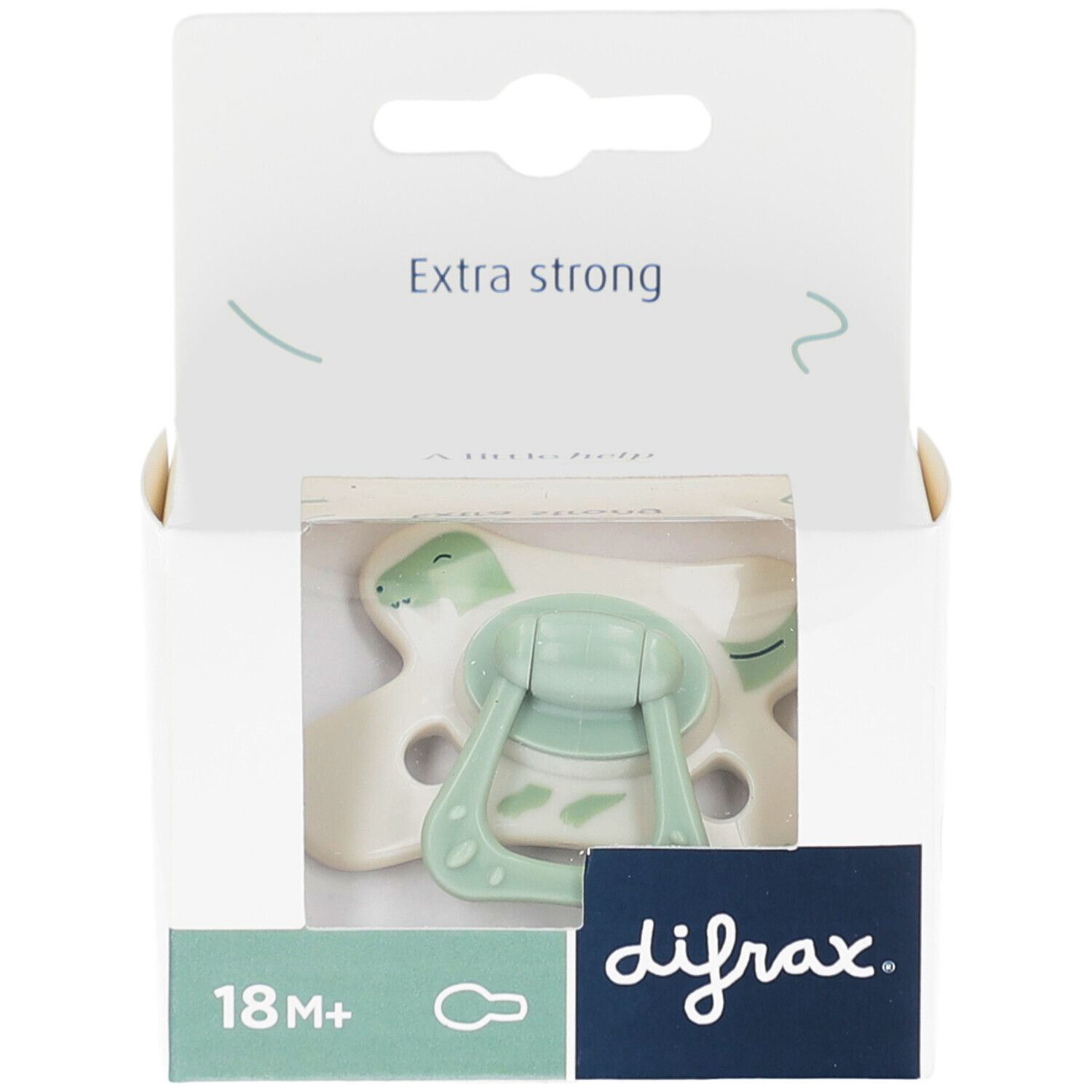 Emballage avec sucette verte et blanche, motif dinosaure. Marque Difrax. Recommandé pour 18 mois et plus.