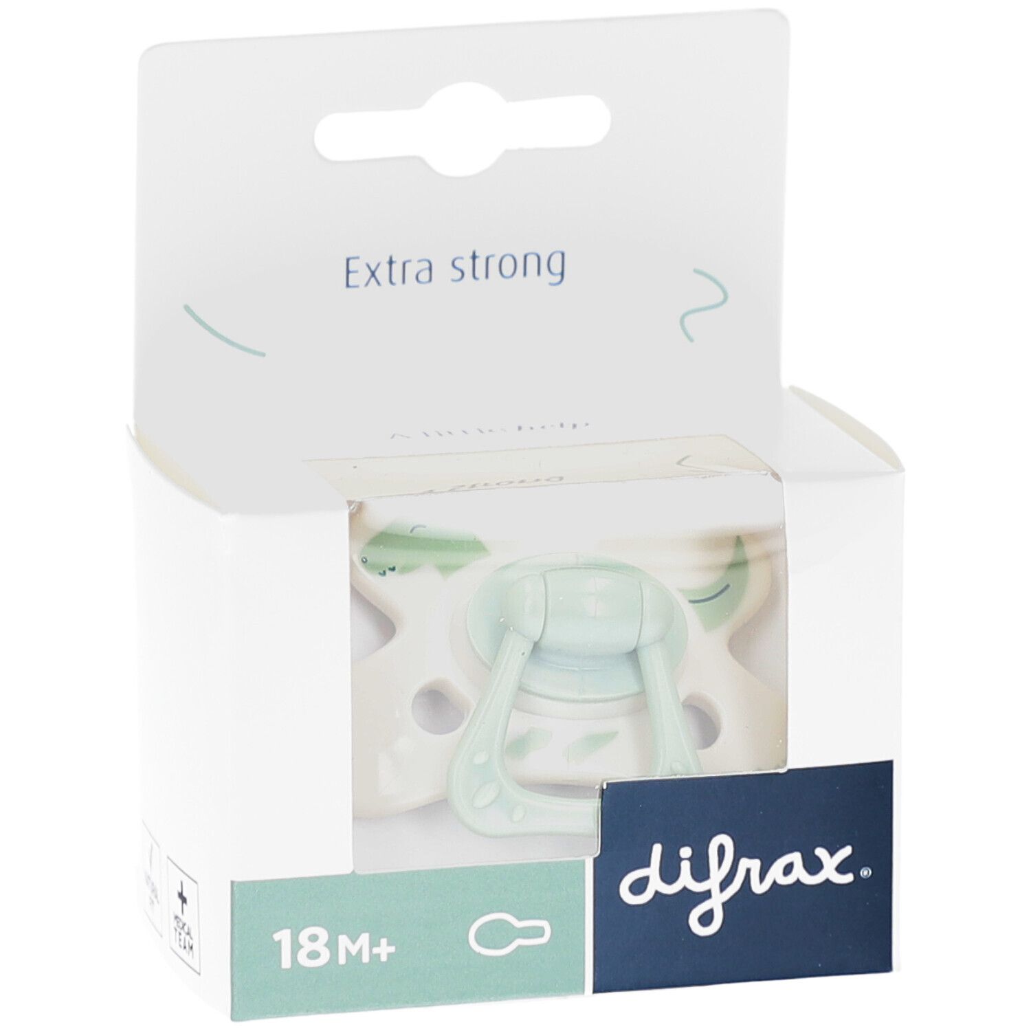 Emballage avec sucette verte et blanche. Marque Difrax. Recommandé pour 18 mois et plus.