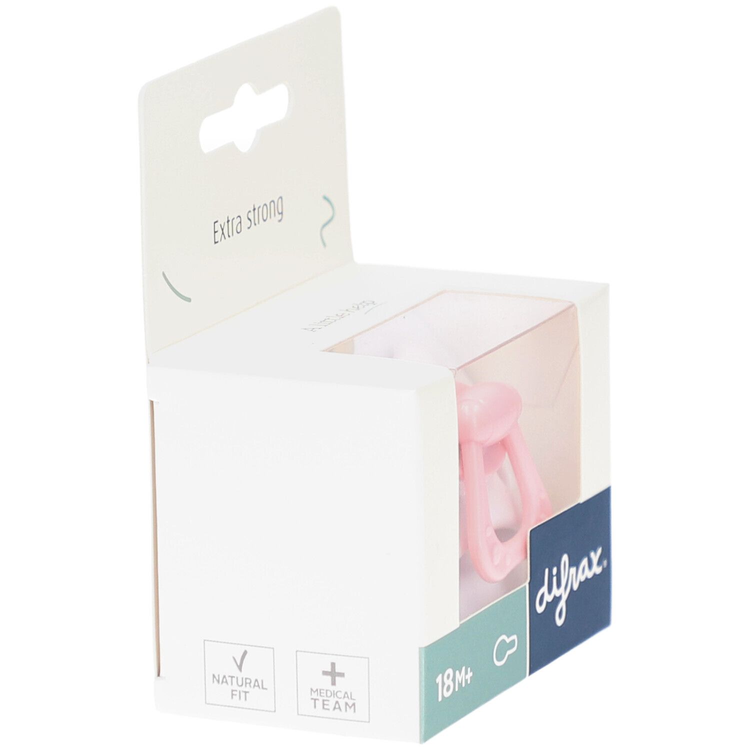 Sucette rose dans son emballage. Visible: marque difrax, âge 18M+, logos "Natural fit" et "Medical team".