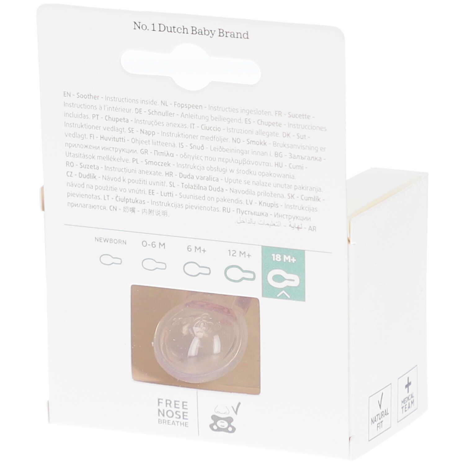 Dos de l'emballage. Visible: texte multilingue, indications d'âge, logo "Free nose breathe".