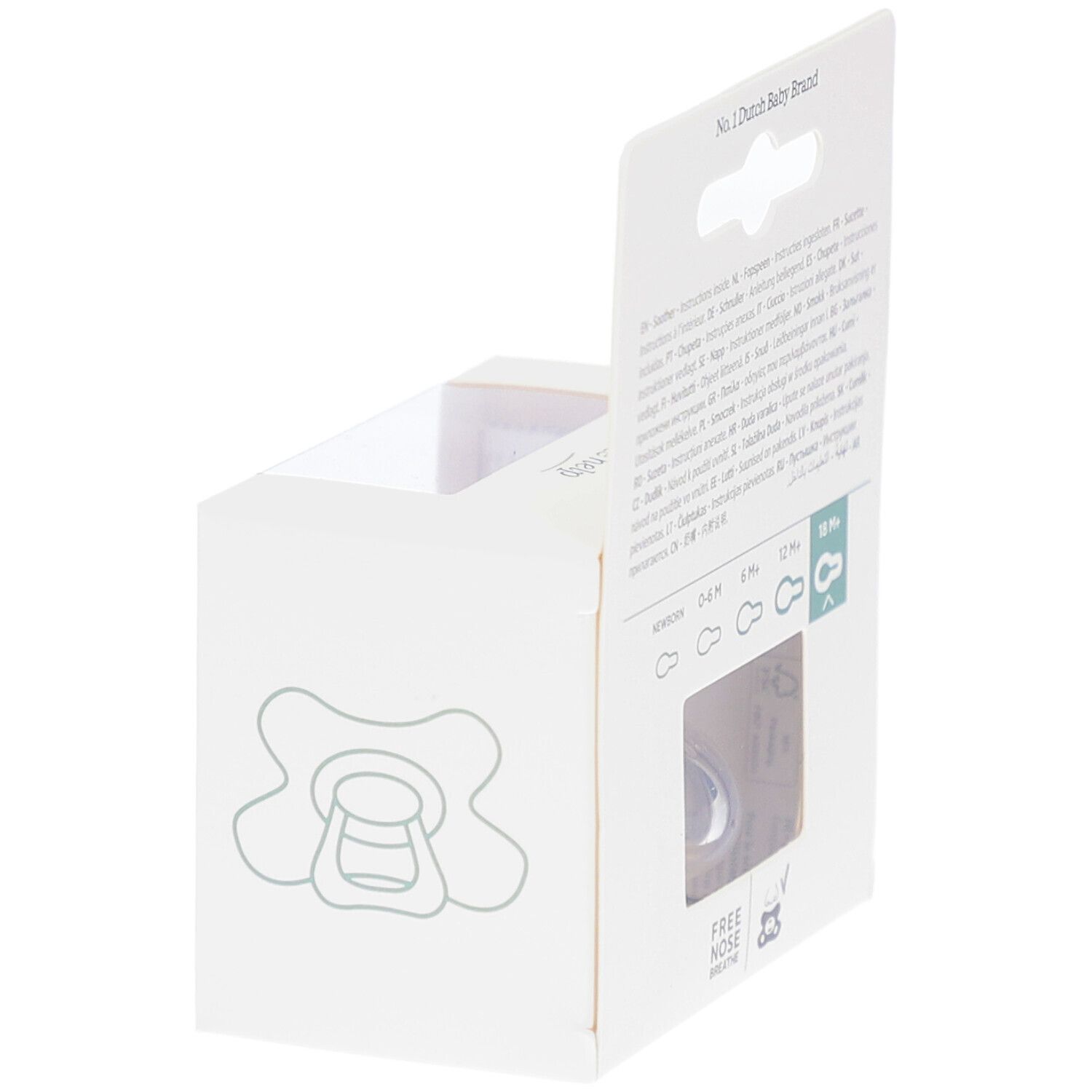 Emballage avec symbole de sucette. Visible: logo "Free nose breathe", indications d'âge.